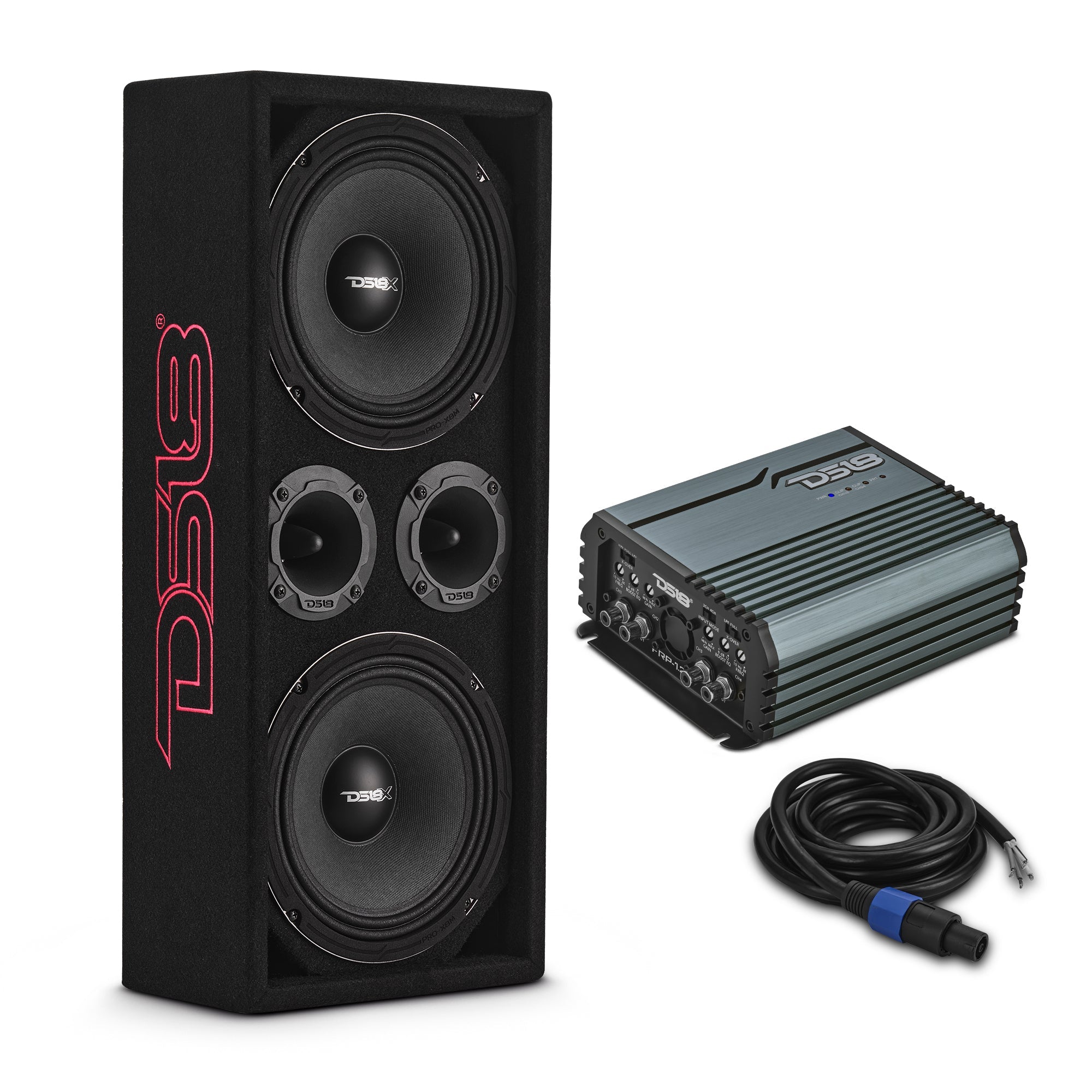 Loaded Voceteo Enclosure with Dual 8" Speakers, Dual 3.78" Tweeters, Amplifier & Speakon Cable