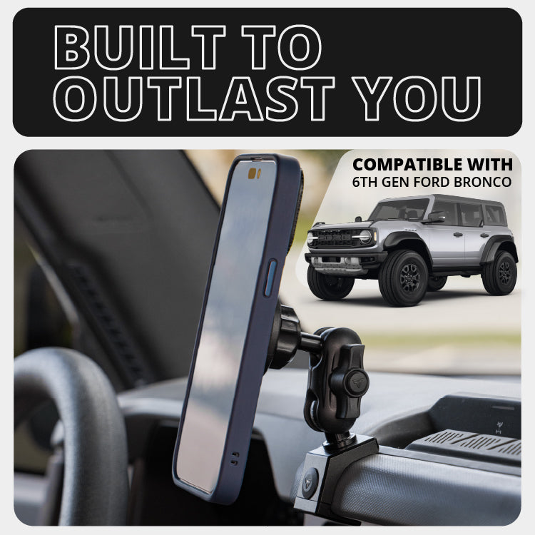 2021-2026 Ford Bronco LINK™ Magnetic Phone Mount With Top Dash Clip | 2" Arm | 6th Generation | (NOT FOR LEATHERETTE STITCHED DASH)