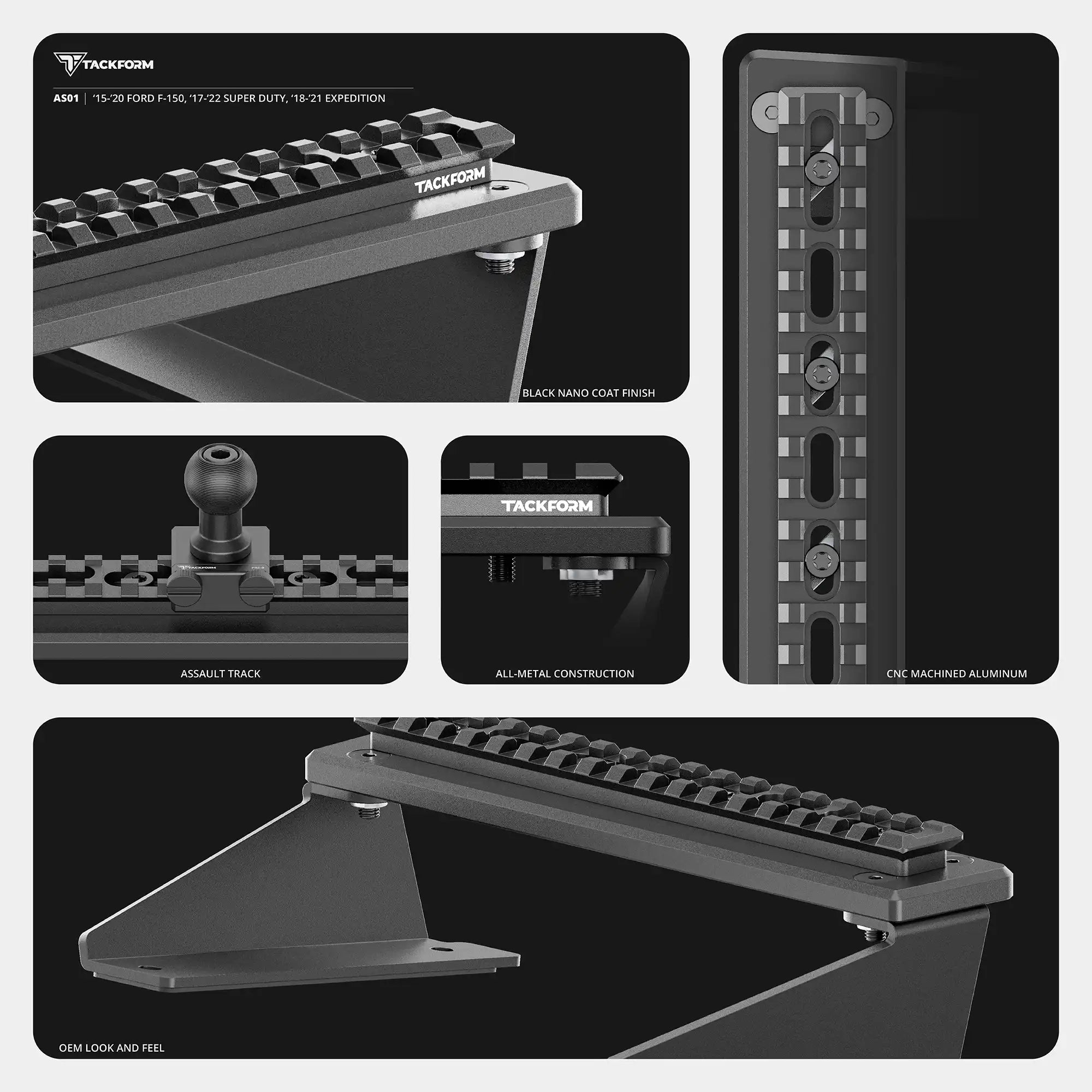 ‘15-‘20 Ford F-150, ‘17-‘22 Super Duty, ‘18-‘21 Expedition Tackform Assault Track Picatinny Dash Bracket With 20LITE Phone & Tablet Mounts
