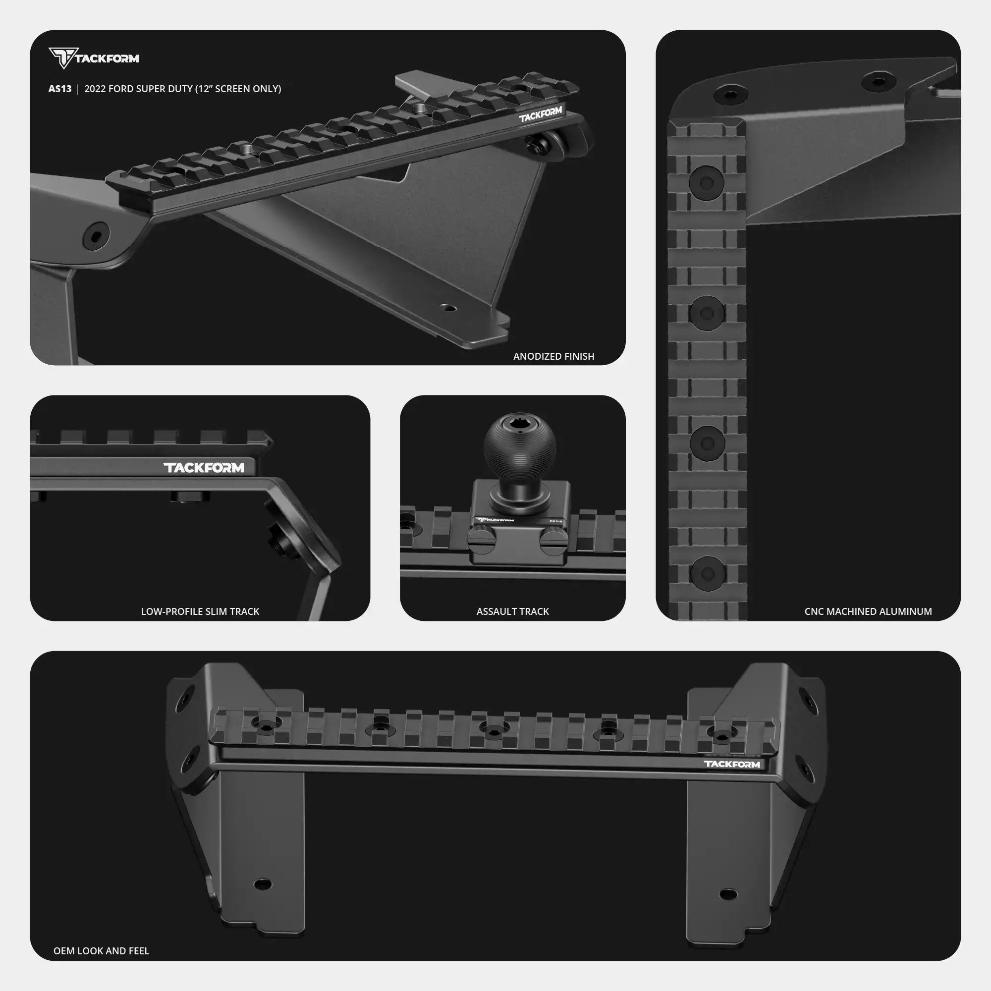 2022 Ford Super Duty (Compatible With 12” Screen ONLY) Tackform Assault Track Picatinny Dash Bracket With 20LITE Phone & Tablet Mounts