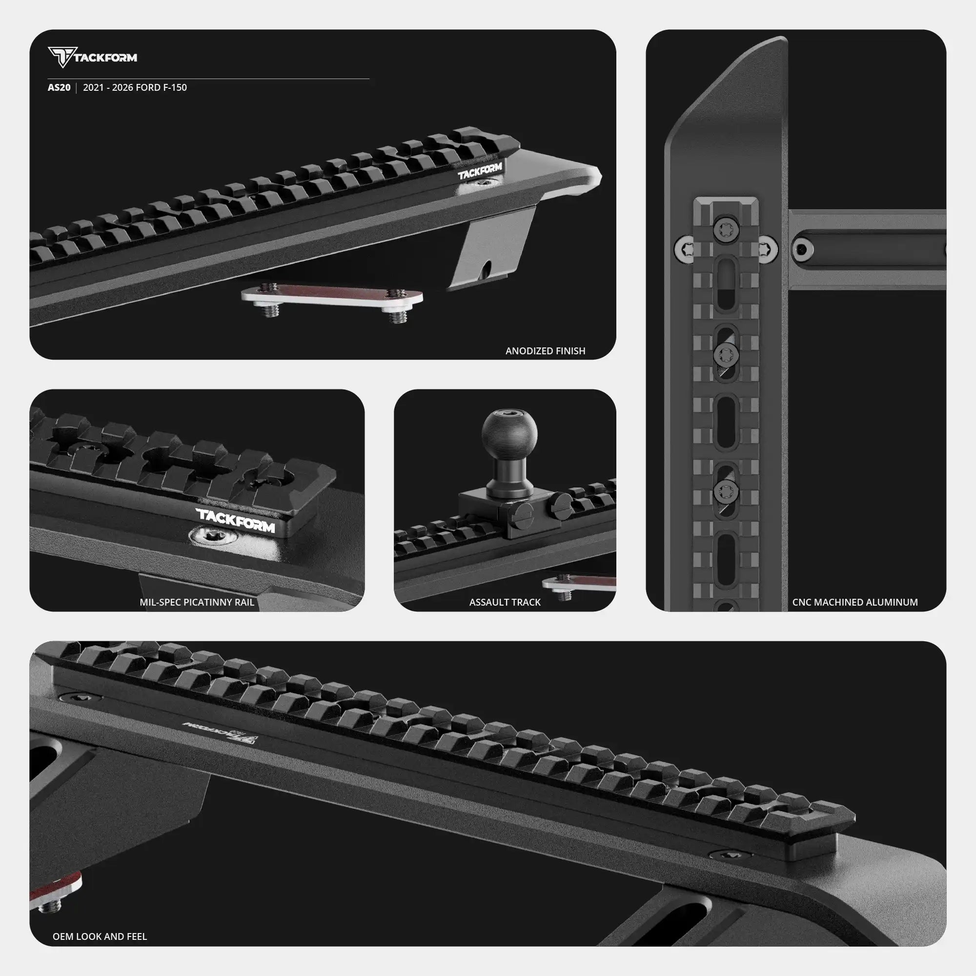 2021+ Ford F-150 (See Compatibility Info For Specific Year/Trim Fitment Details) Tackform Assault Track Picatinny Dash Bracket With Charging Phone Mount