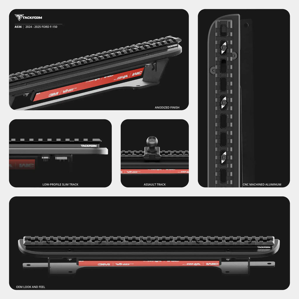 2024+ Ford F-150 (See Compatibility Info For Specific Year/Trim Fitment Details) Tackform Assault Track Picatinny Dash Bracket With MagSafe Phone Mount and Magnetic Radar Detector Holder | Telescoping Arm