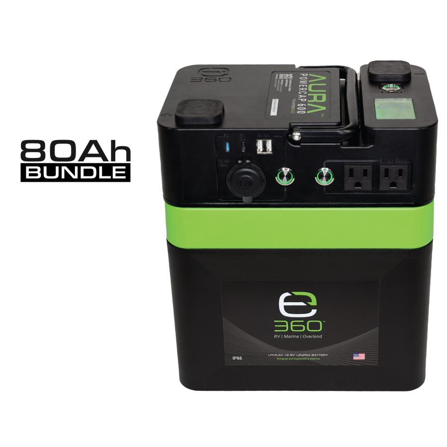 E360 (1) EX-AURA001: AURA 600W Inverter (1) EX-G24-80C: E360 12.8V 80Ah G24 High-Density LiFePO4 Deep Cycle Battery [A]