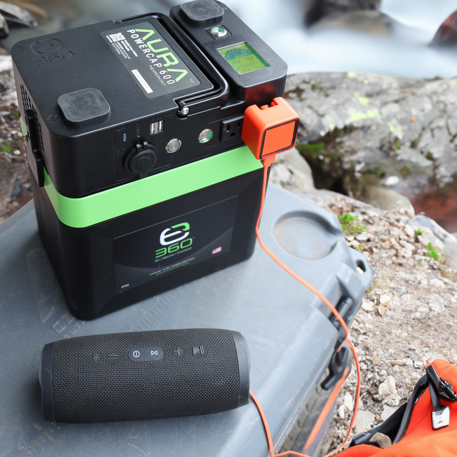 E360 (1) EX-AURA001: AURA 600W Inverter (1) EX-G24-95XDP: E360 12.8V 95Ah G24 Extreme-Density LiFePO4 Deep Cycle Battery [A]