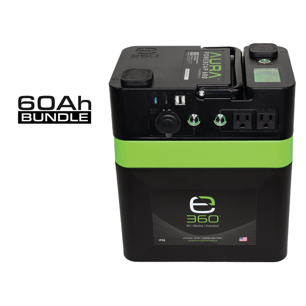E360 (1) EX-AURA001: AURA 600W Inverter (1) EX-G24-60C: E360 12.8V 60Ah G24 High-Density LiFePO4 Deep Cycle Battery [A]