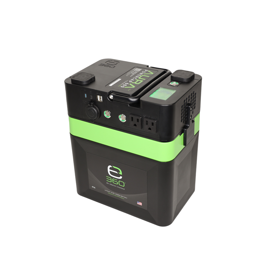 E360 (1) EX-AURA001: AURA 600W Inverter (1) EX-G24-95XDP: E360 12.8V 95Ah G24 Extreme-Density LiFePO4 Deep Cycle Battery [A]