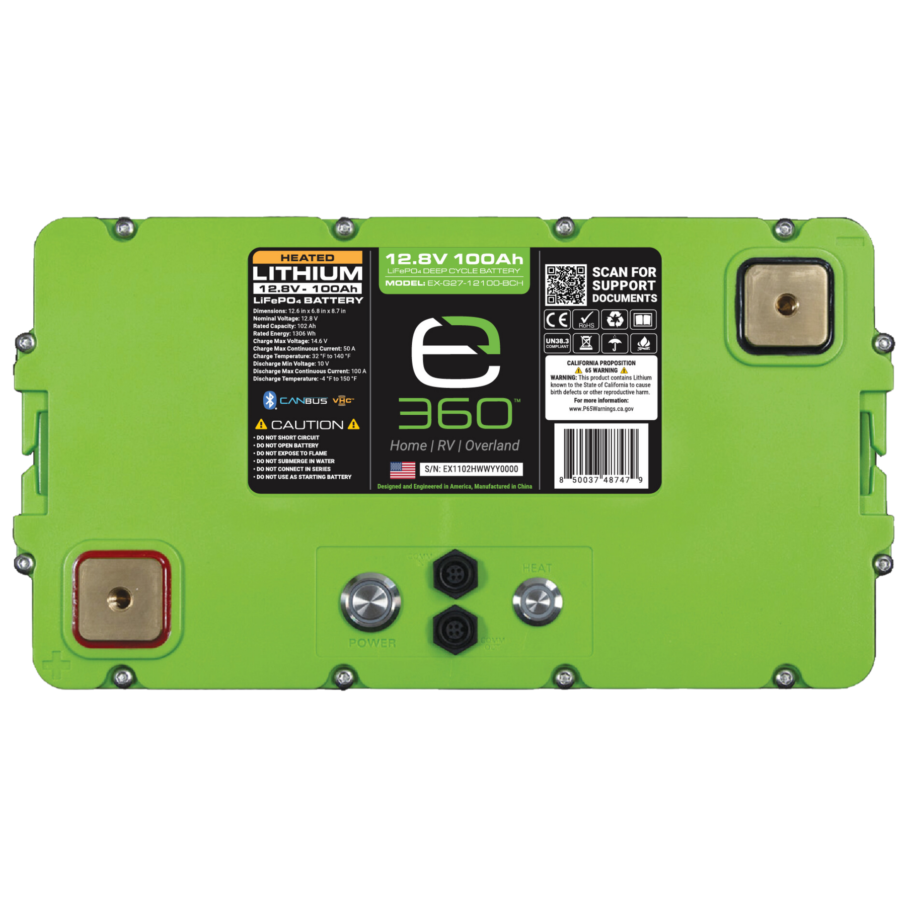E360 Group 27 12V 102Ah Deep Cycle LiFePO4 Battery with Bluetooth, CAN Bus, and VHC (Vertical Heat Conduction) Internal Heating. [A]