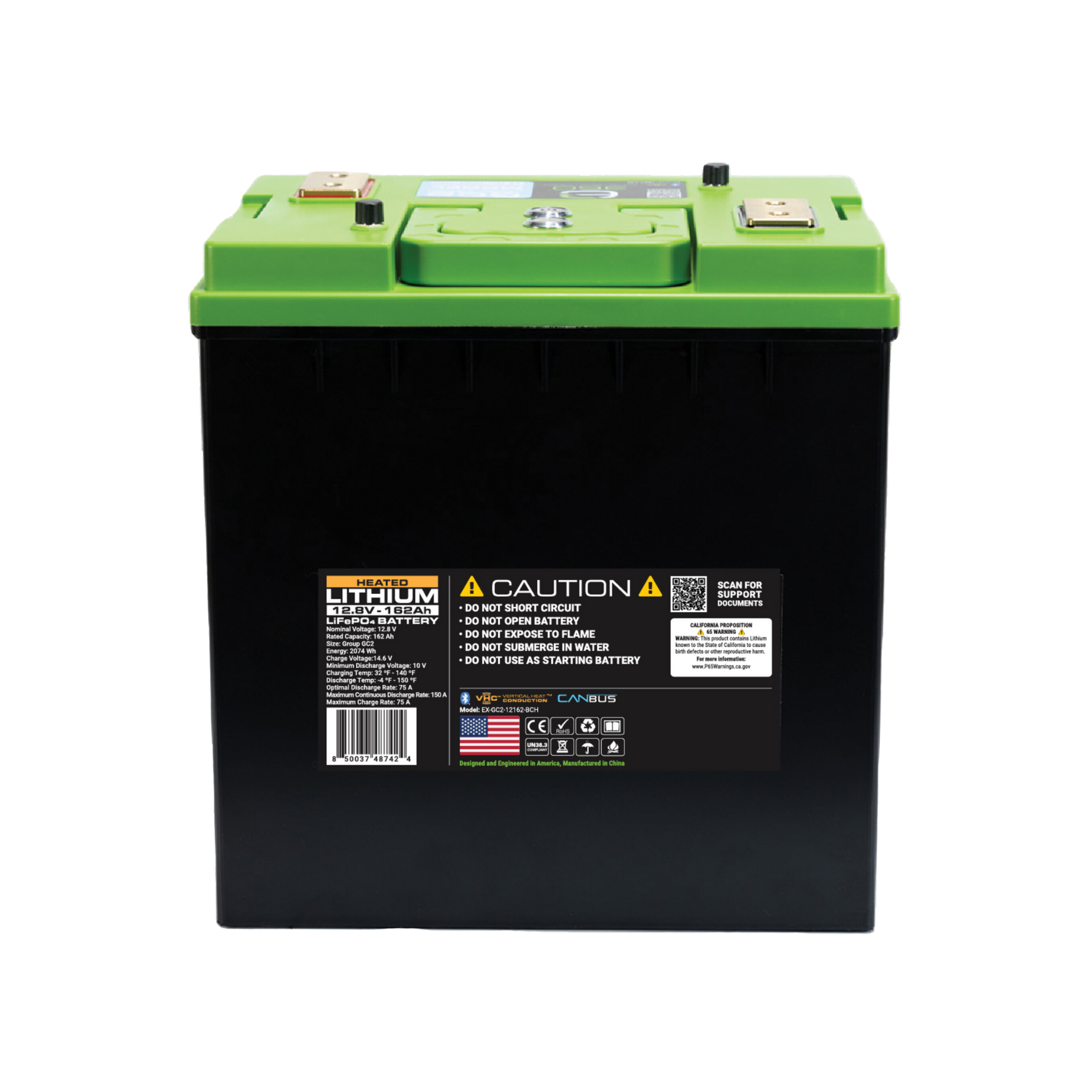E360 12.8V 162Ah GC2 LiFePO4 Deep Cycle Battery. Bluetooth, CAN Bus, and VHC (Vertical Heat Conduction) Internal Heating. [A]