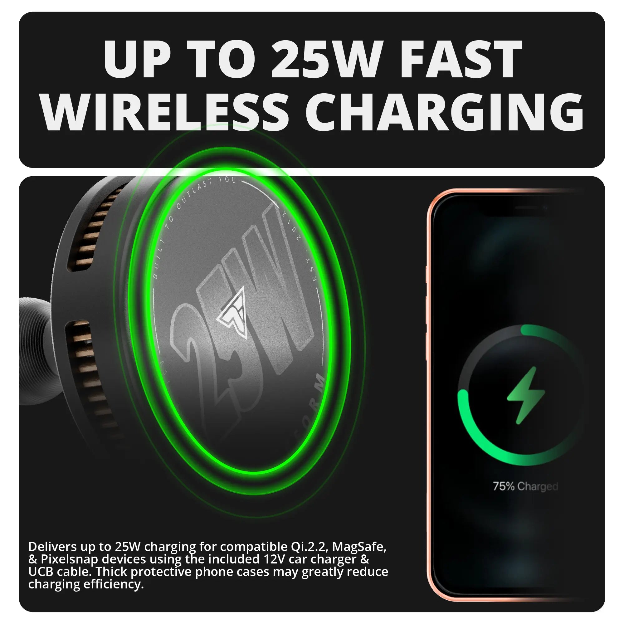 2021-2026 Ford Bronco LINK™ Qi2.2/MagSafe Charging & Cooling Phone Mount With Top Dash Clip | 2" Arm | 6th Generation | (NOT FOR LEATHERETTE STITCHED DASH)