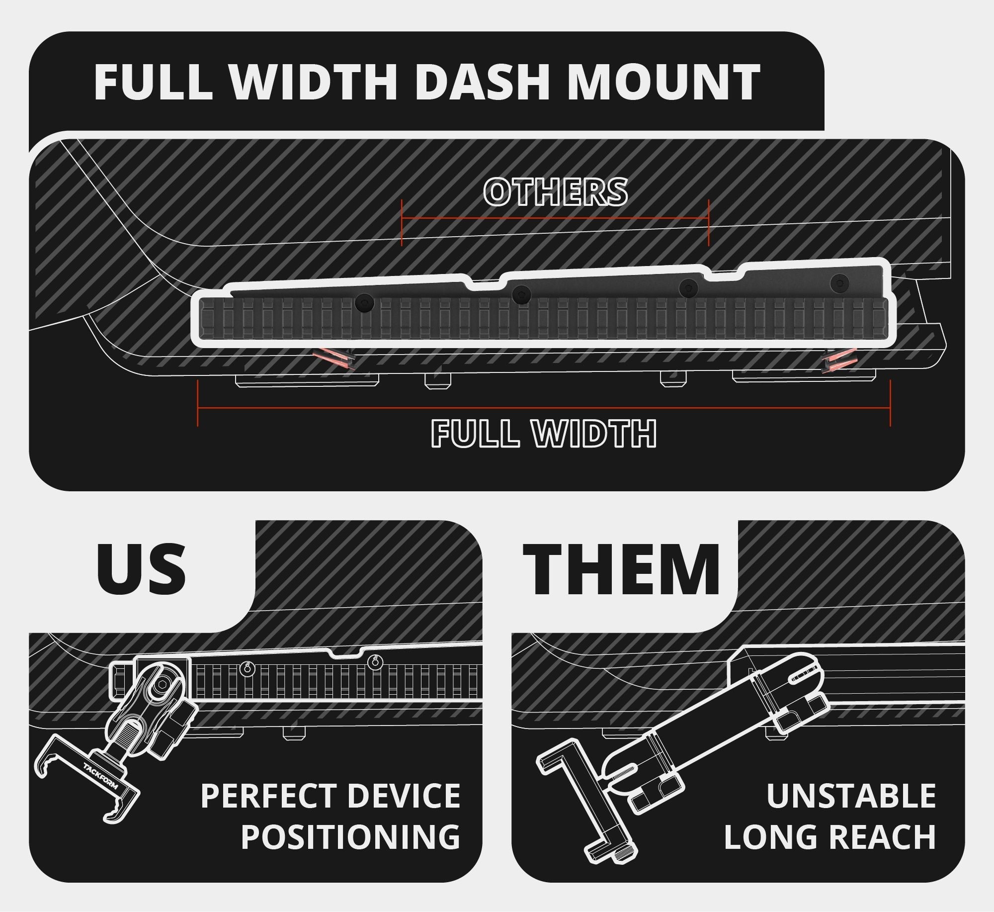 2016-2023 Toyota Tacoma Tackform Assault Track Picatinny Dash Bracket With 20LITE Phone Holder & Midland Magnetic CB Radio Mic Holder