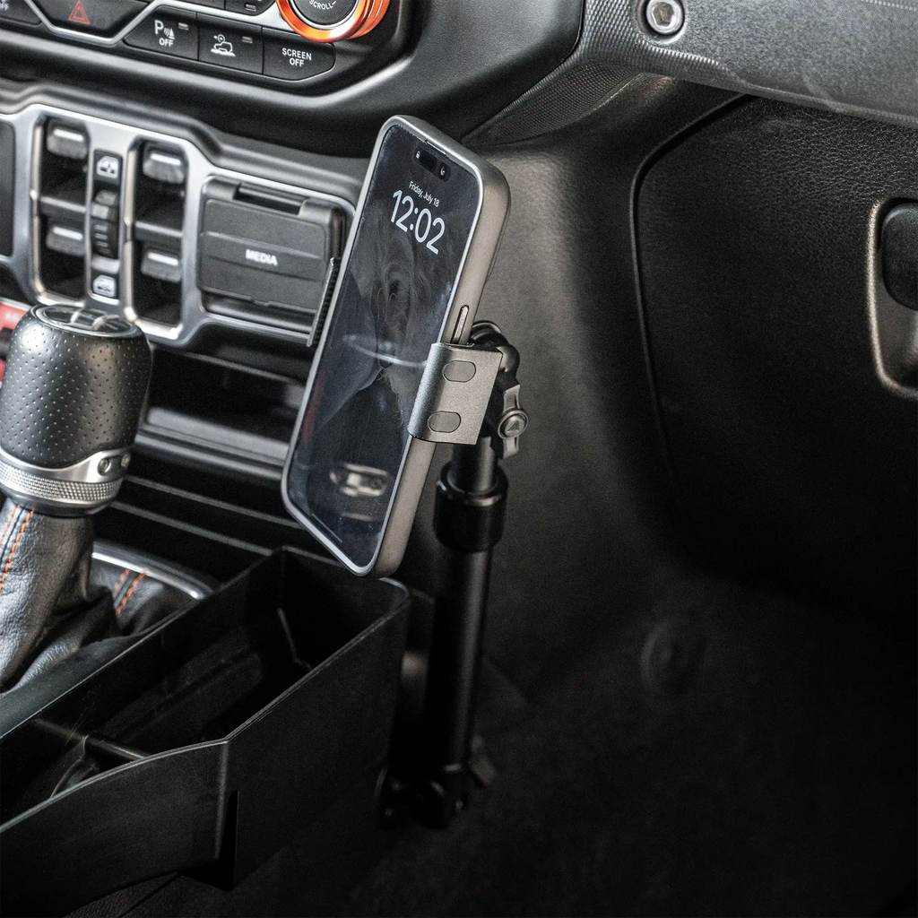 2018-2026 Jeep Wrangler JL/4xe & Gladiator JT LINK™ Console Screw Mount with Qi Wireless Charging Phone Holder & Customizable LED Accent Lighting | 9.5"- 13" Telescoping Arm