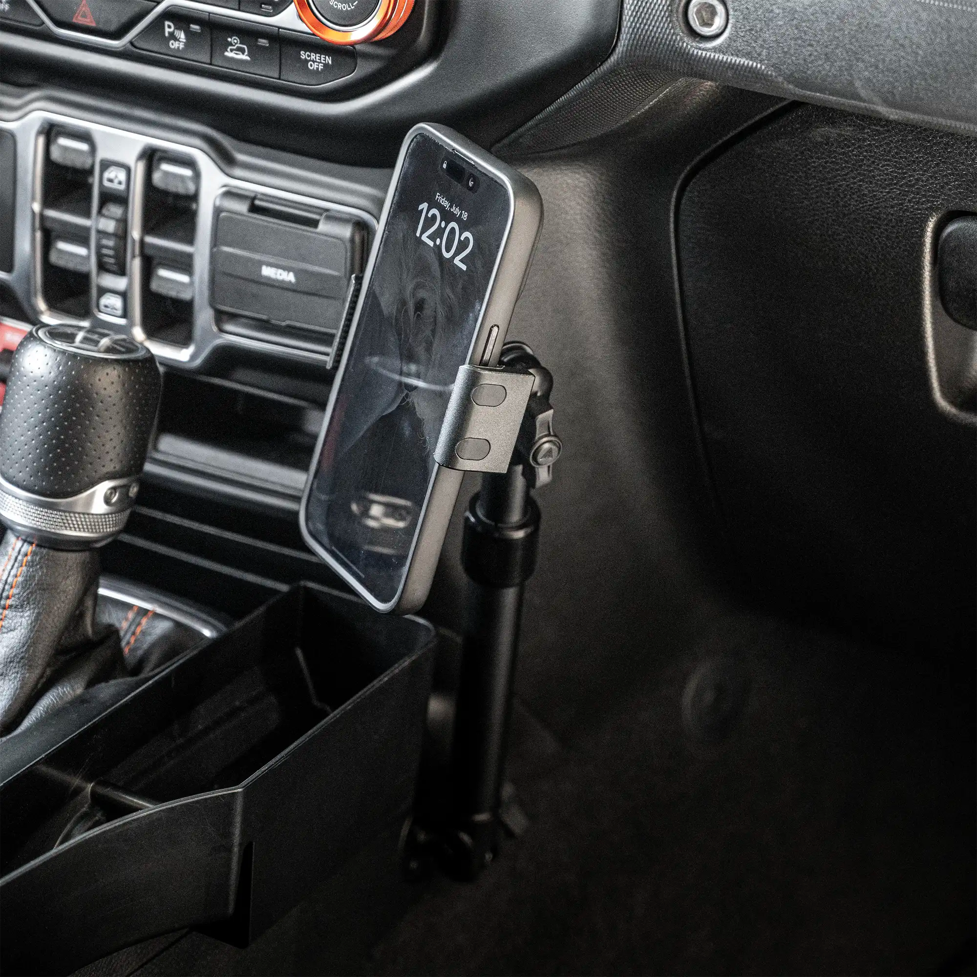 2018-2026 Jeep Wrangler JL/4xe & Gladiator JT LINK™ Console Screw Mount with Qi Wireless Charging Phone Holder & Customizable LED Accent Lighting | 9.5"- 13" Telescoping Arm