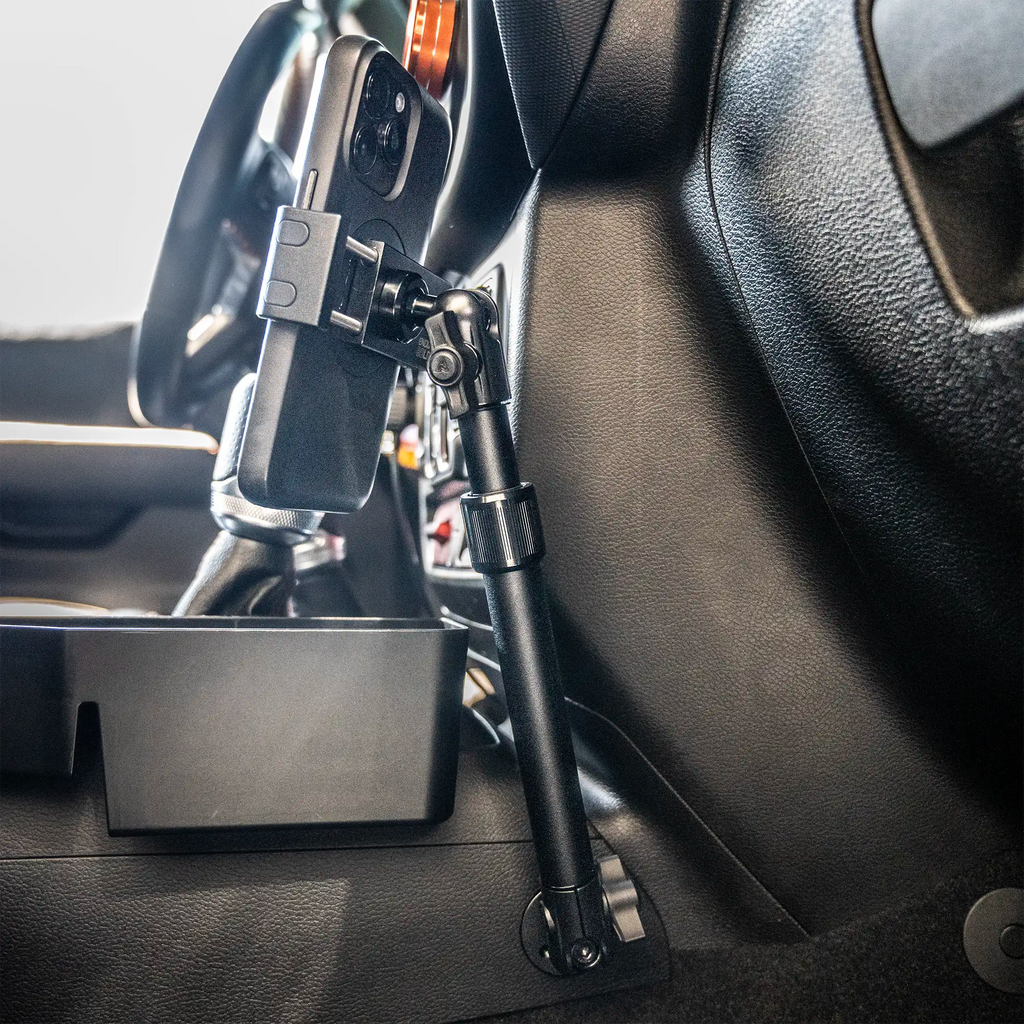 2018-2026 Jeep Wrangler JL/4xe & Gladiator JT LINK™ Console Screw Mount with Qi Wireless Charging Phone Holder & Customizable LED Accent Lighting | 9.5"- 13" Telescoping Arm