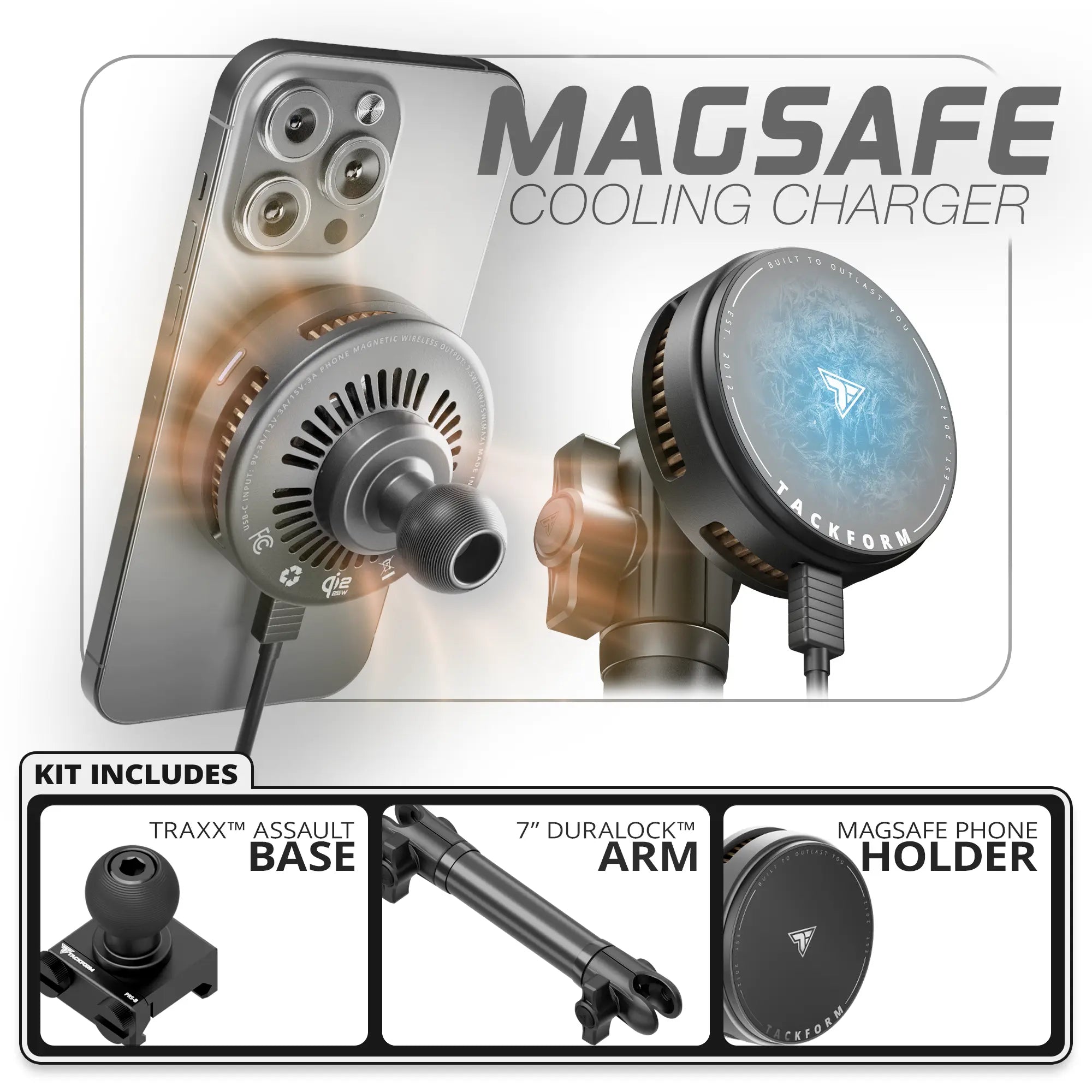 Qi2.2/MagSafe Charging & Cooling Phone Holder | Assault Track Picatinny Base | 7" DuraLock Arm
