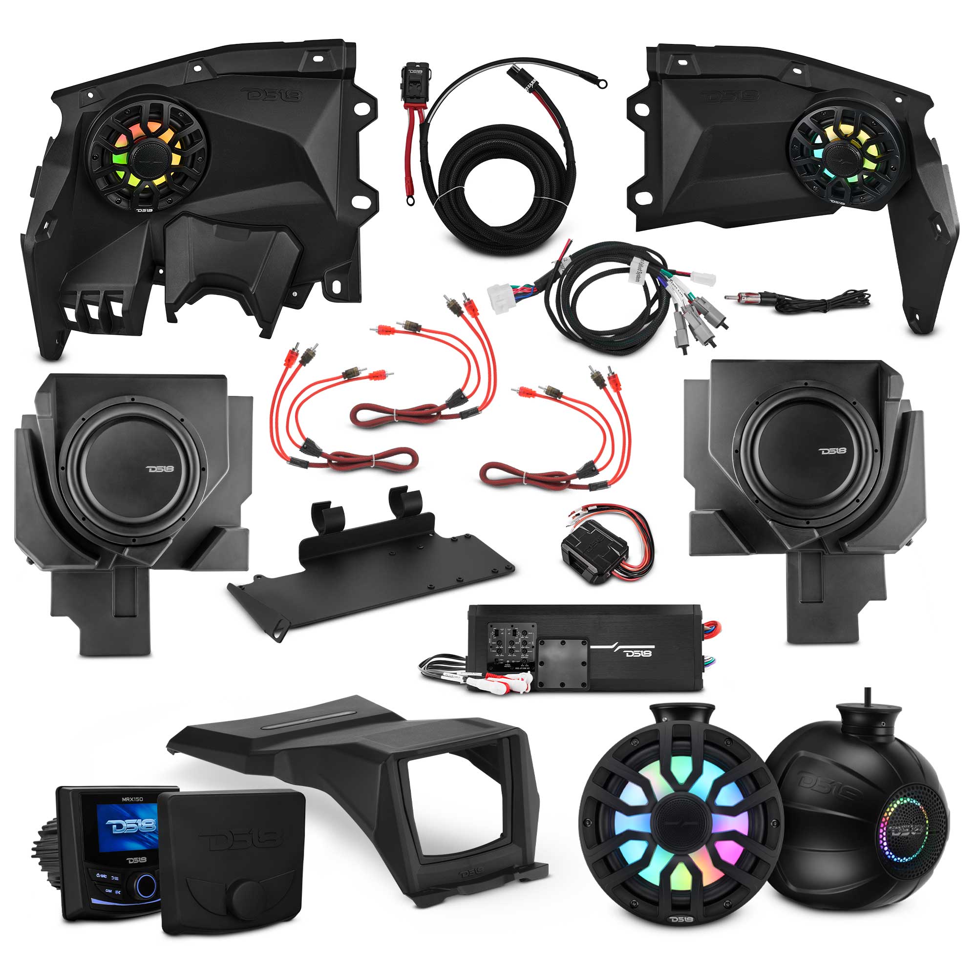 Can-Am Maverick X3 Stage 5 - Dash Speaker Panels, 8" Tower Speakers, Dual 12” Subwoofer, Amplifier, Bluetooth Radio & LED Lights