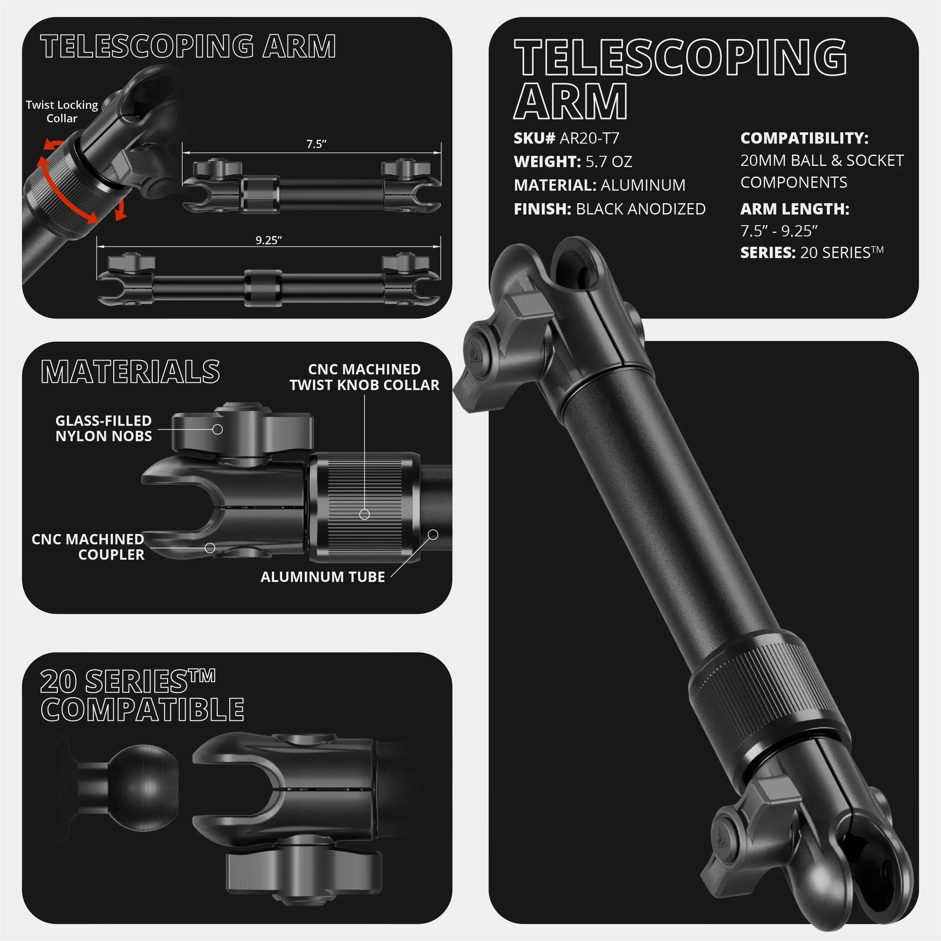 2024+ Ford F-150 (See Compatibility Info For Specific Year/Trim Fitment Details) Tackform Assault Track Picatinny Dash Bracket With 20LITE Phone Mount and Tablet Holder | Telescoping Arm