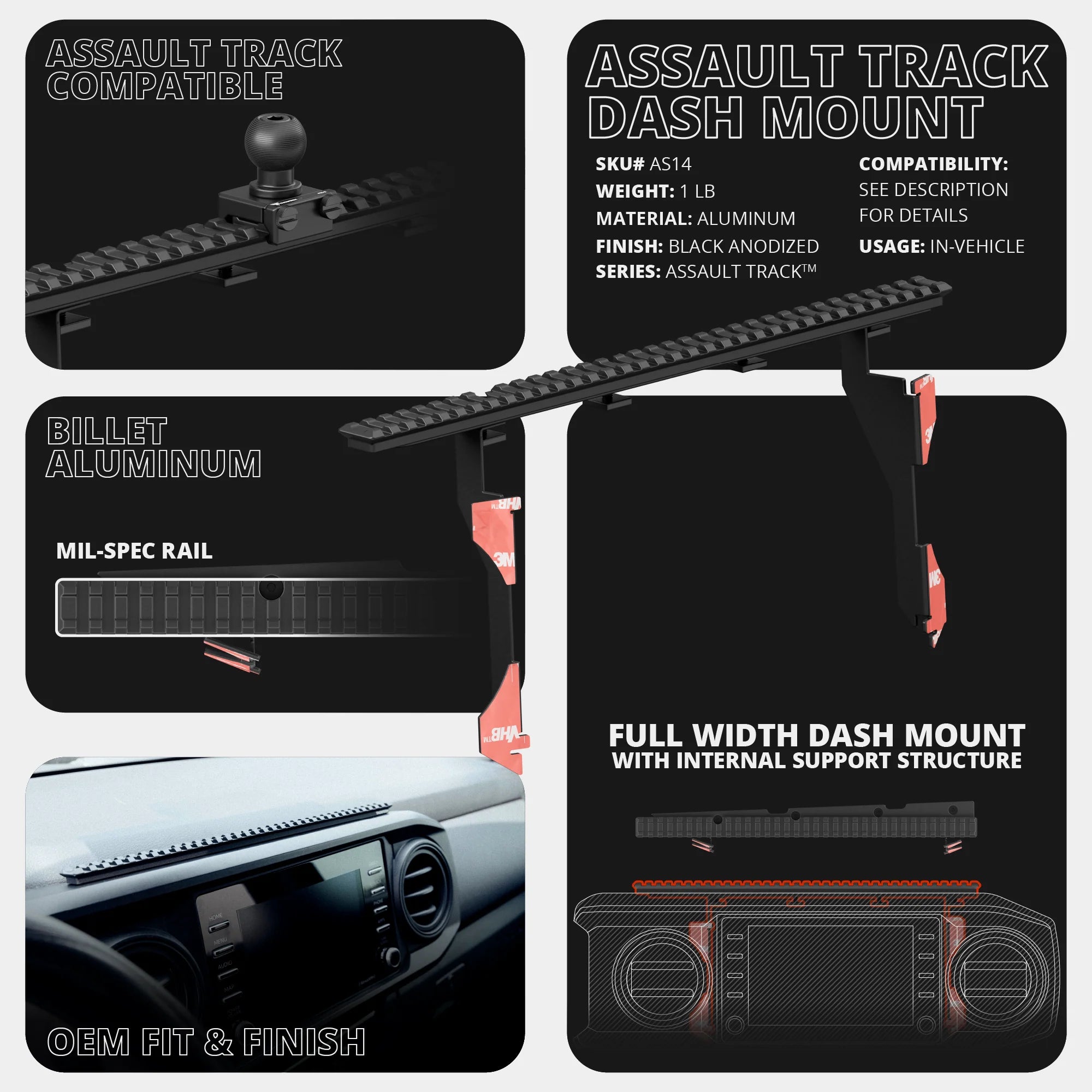 2016-2023 Toyota Tacoma Tackform Assault Track Picatinny Dash Bracket With Dual 20LITE Phone Holders