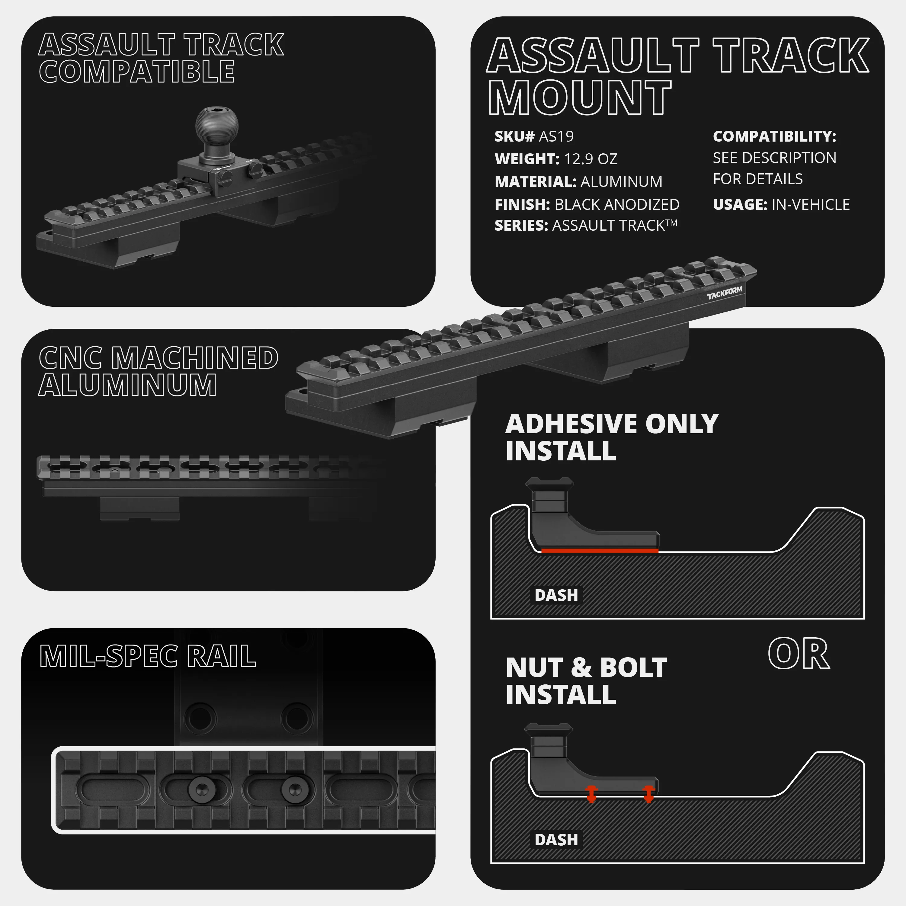 2019-2023 Ford Ranger (WITHOUT Switch Panel) Tackform Assault Track Picatinny Dash Bracket With Dual MagSafe Phone Holders
