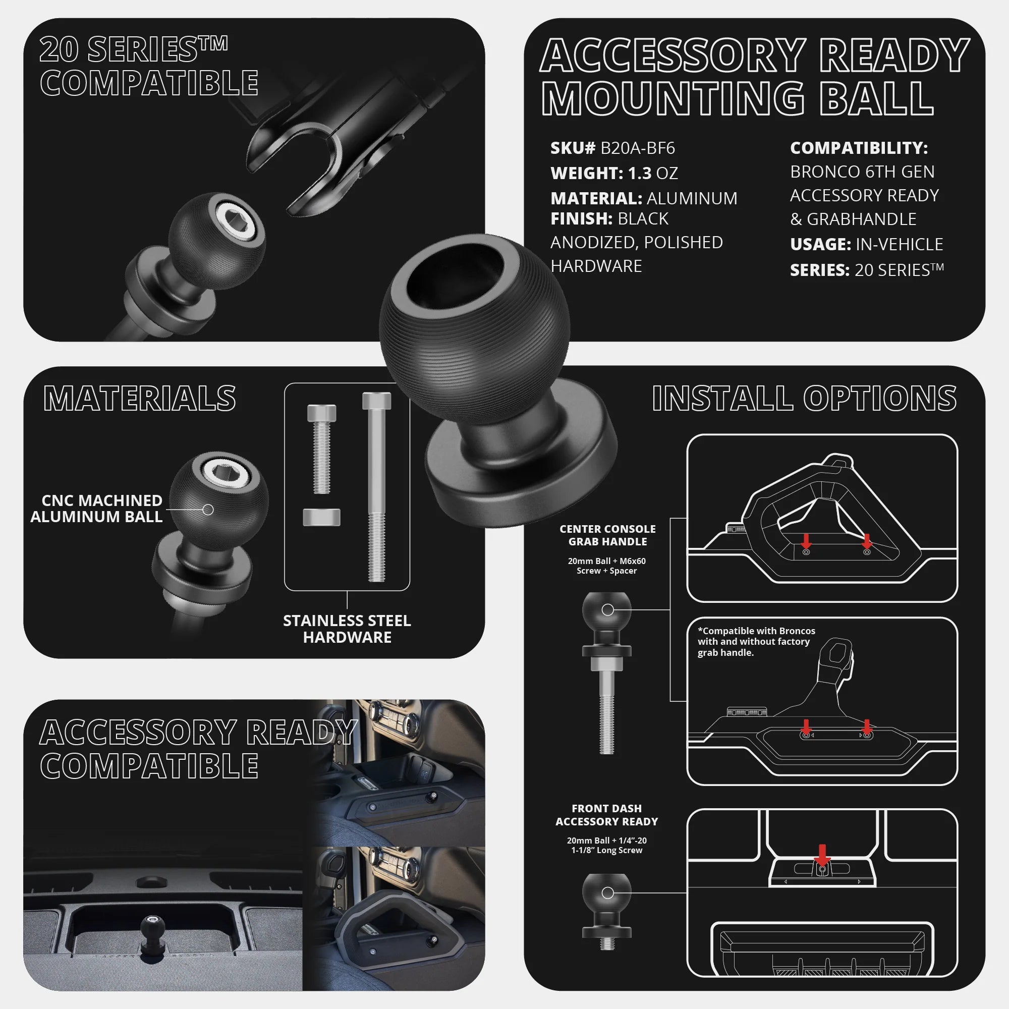 LINK™ Spring Loaded Phone Mount | Accessory Ready Dash and Grab Handle Compatible | 2021+ Ford Bronco | 7.5"-9.25" Telescoping Arm