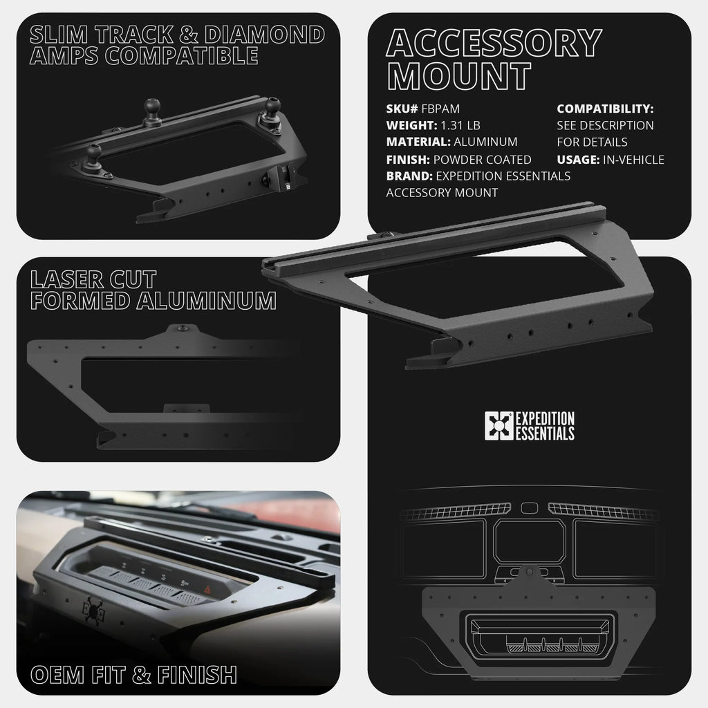 Expedition Essentials Dash Mount With Dual Phone Holders, GoPro and CB Mic Holders | 2021-2025 Ford Bronco & Bronco Raptor (Non-Sport)