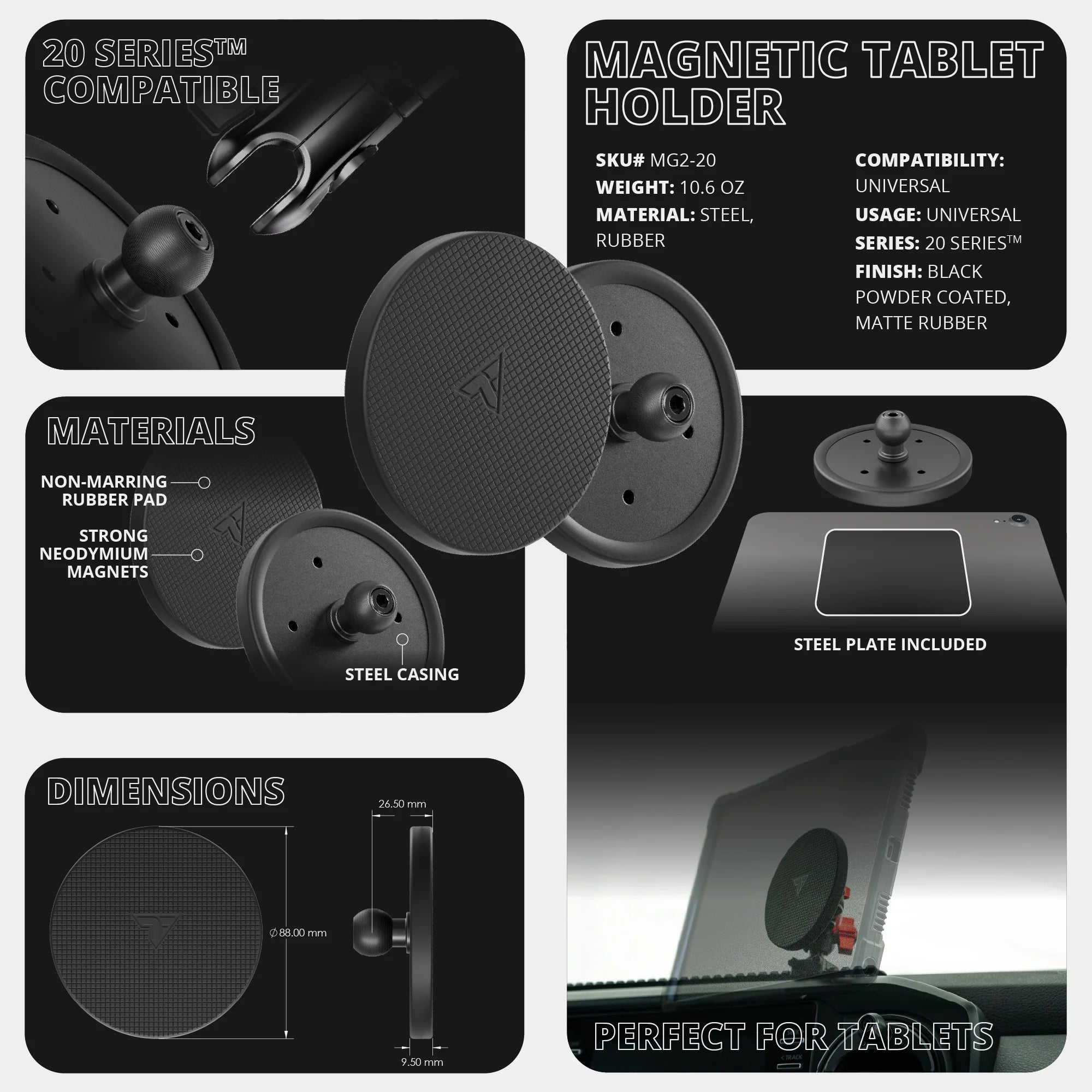 Magnetic Tablet Holder | Slim Track Base | 2" DuraLock™ Arm