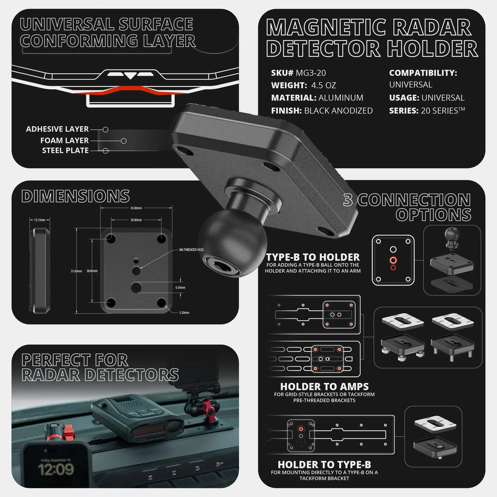 2024+ Ford F-150 (See Compatibility Info For Specific Year/Trim Fitment Details) Tackform Slim Track Dash Bracket With 20LITE Phone Mount and Magnetic Radar Detector Holder | Telescoping Arm