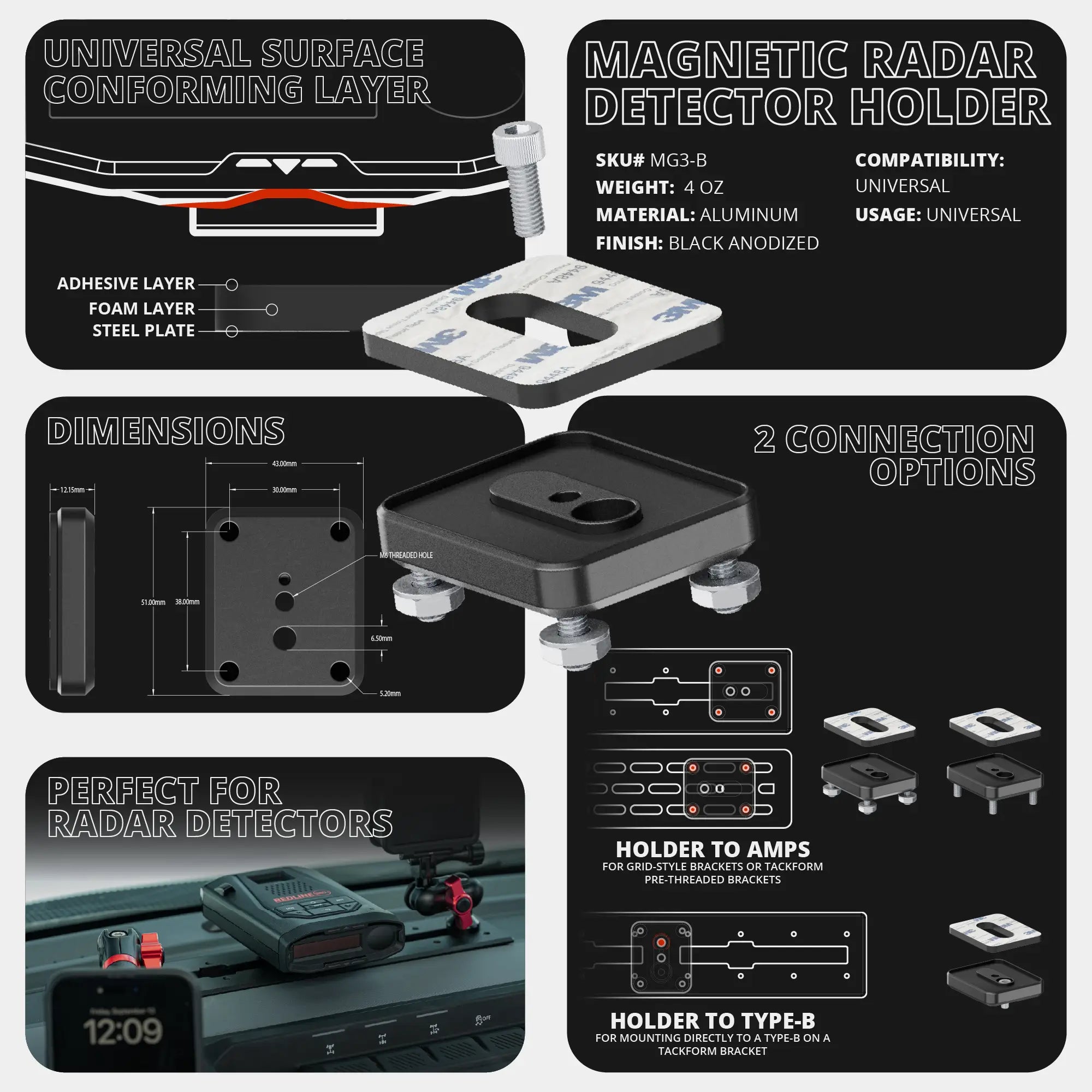 2024+ Ford F-150 (See Compatibility Info For Specific Year/Trim Fitment Details) Tackform Assault Track Picatinny Dash Bracket With 20LITE Phone Mount and Magnetic Radar Detector Holder | Telescoping Arm