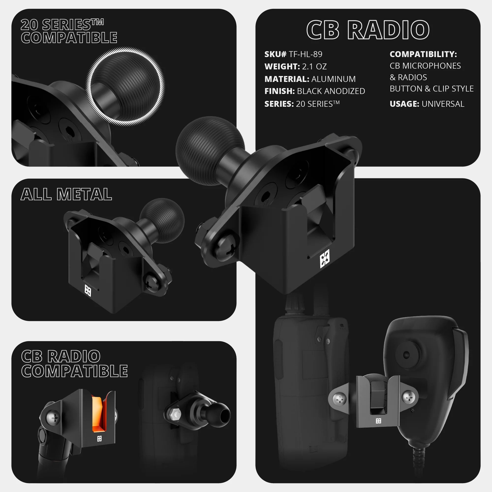 2021-2026 Ford Bronco LINK™ 2-in-1 CB Microphone/Radio Mount With Top Dash Clip | 2" Arm | 6th Generation | (NOT FOR LEATHERETTE STITCHED DASH)