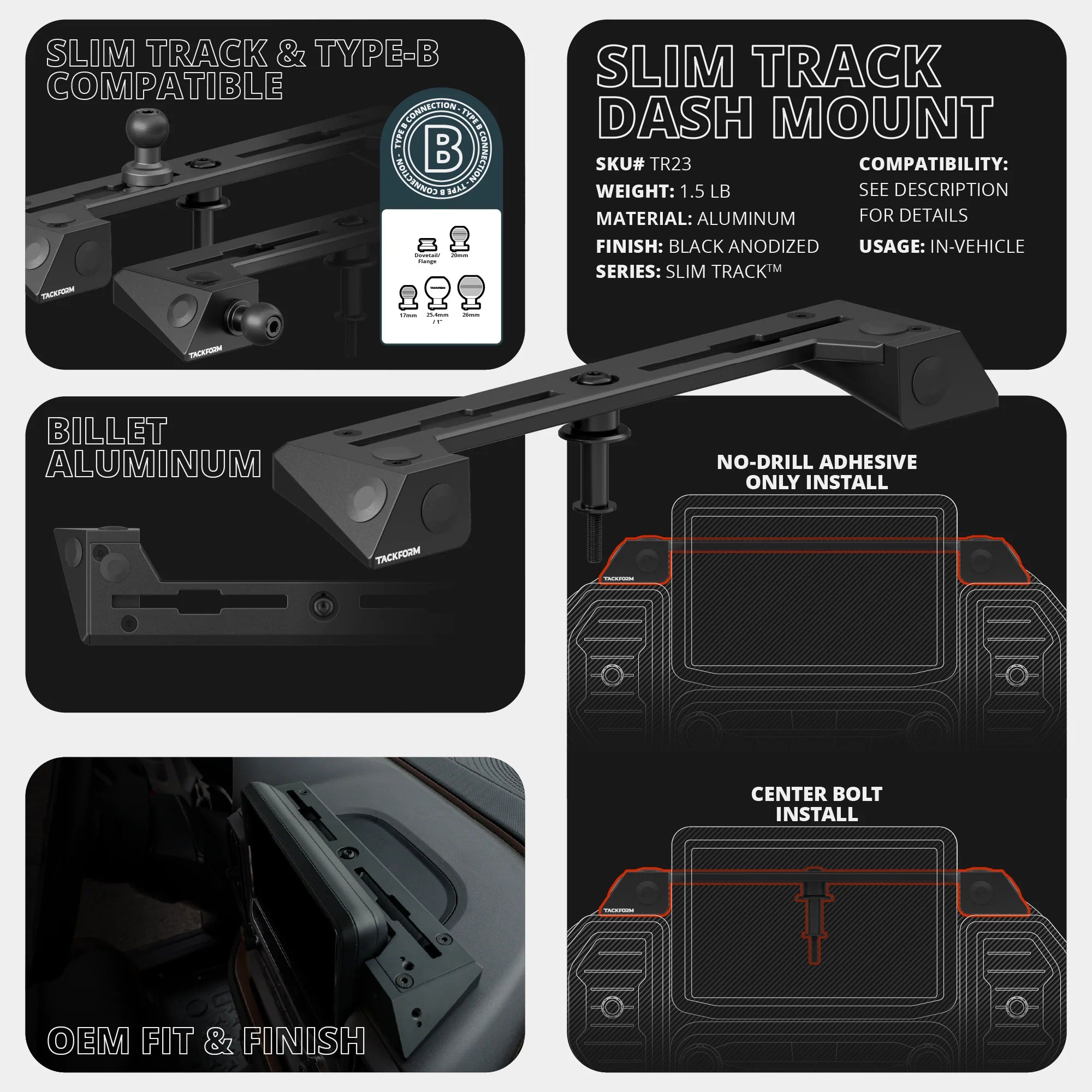2021 - 2024 Ford Bronco SPORT Tackform Slim Track Dash Bracket With Dual 20LITE Phone Mounts