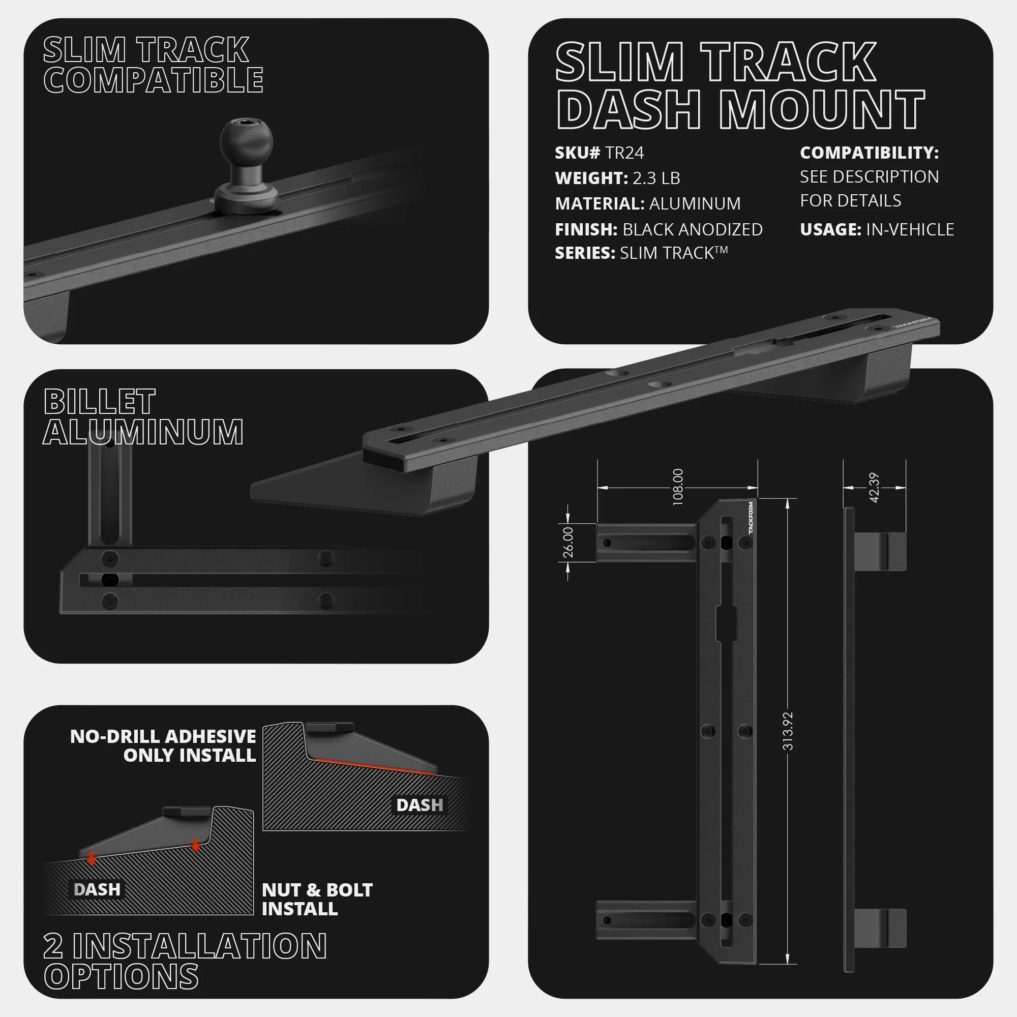 2023-2026 Ford Super Duty (F-250 Through F-600) Tackform Slim Track Dash Bracket