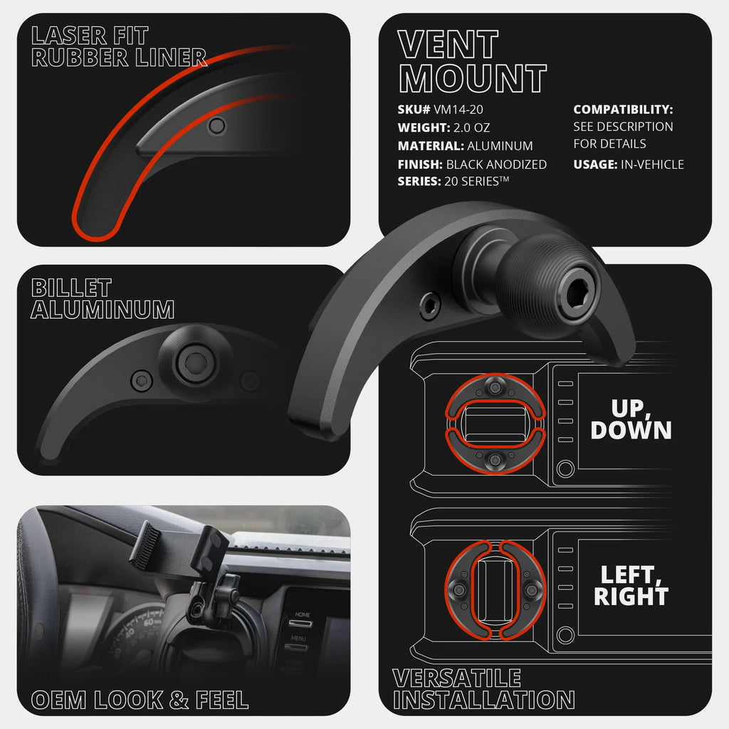 2016-2023 Toyota Tacoma & 2014-2021 Tundra LINK™ Vent Mount Bracket With 20LITE Phone Holder | Choose Your Arm Length