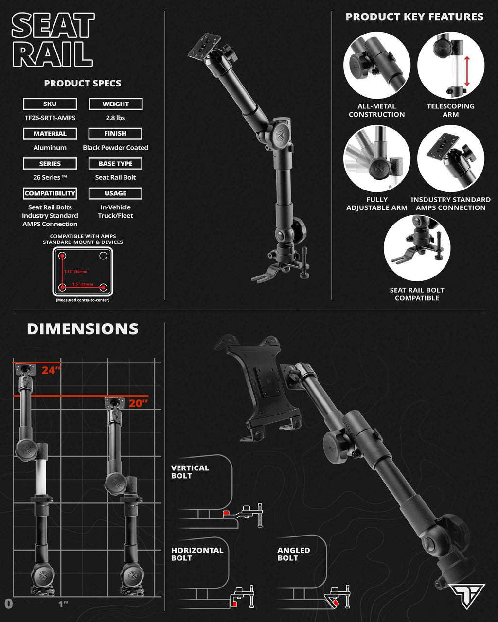Heavy Duty Seat Rail/Floor Bolt Mount | 20"-24" Aluminum Telescoping Arm | Ford F-Series | Tablet Holder