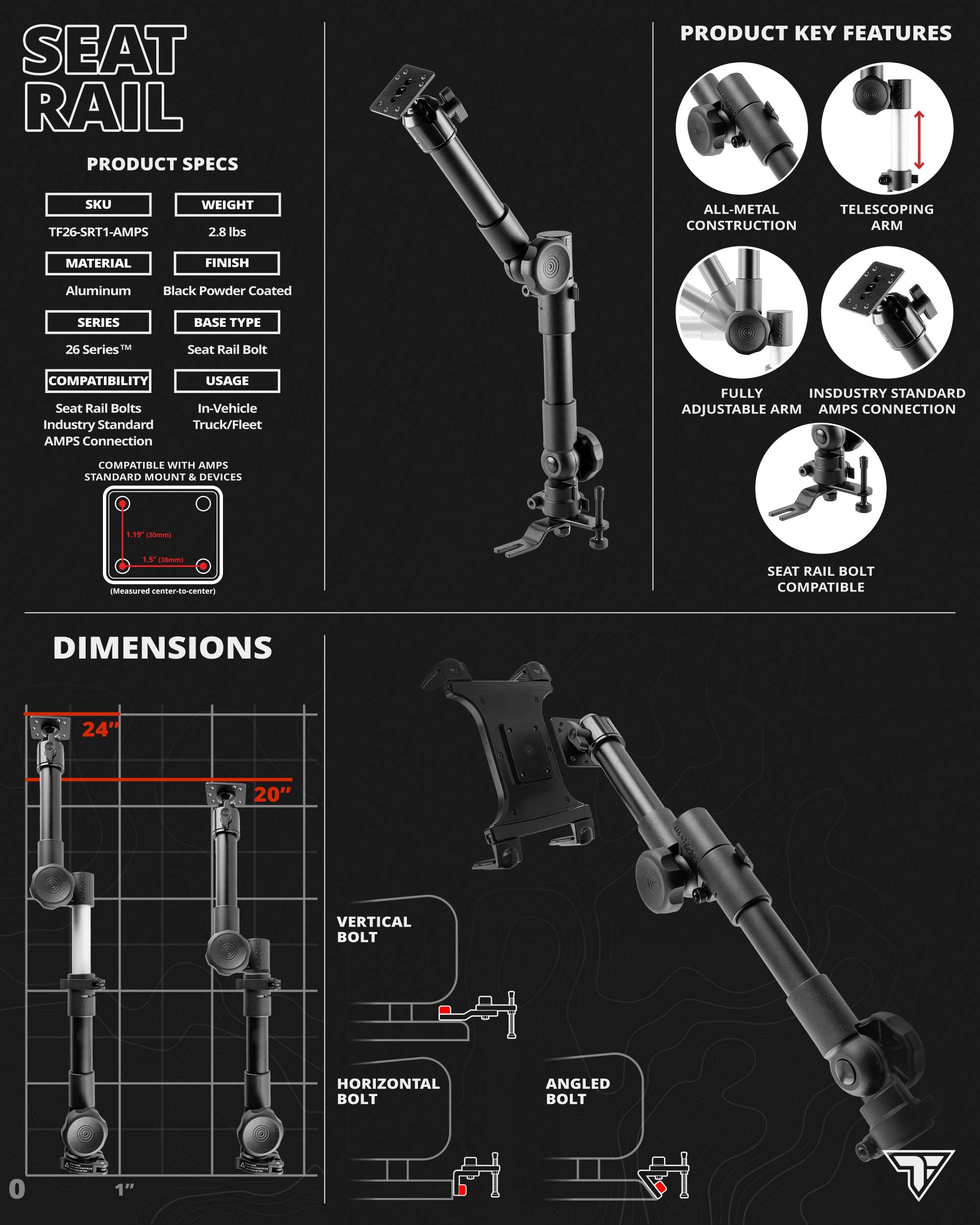 Heavy Duty Seat Rail/Floor Bolt Mount | 20"-24" Aluminum Telescoping Arm | Ford F-Series | Tablet Holder