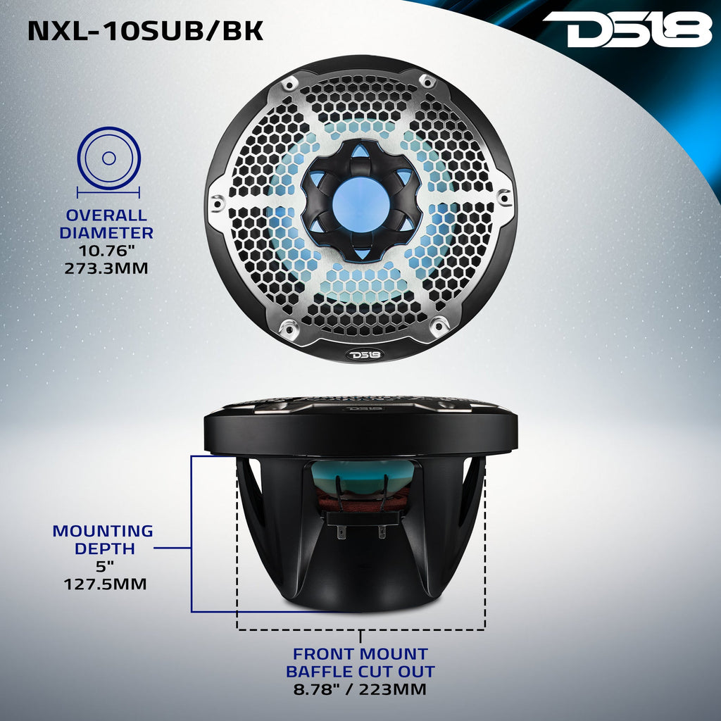 NXL 10" Marine Subwoofer with LED RGB Lights 300 Watts Rms SVC 4-Ohm