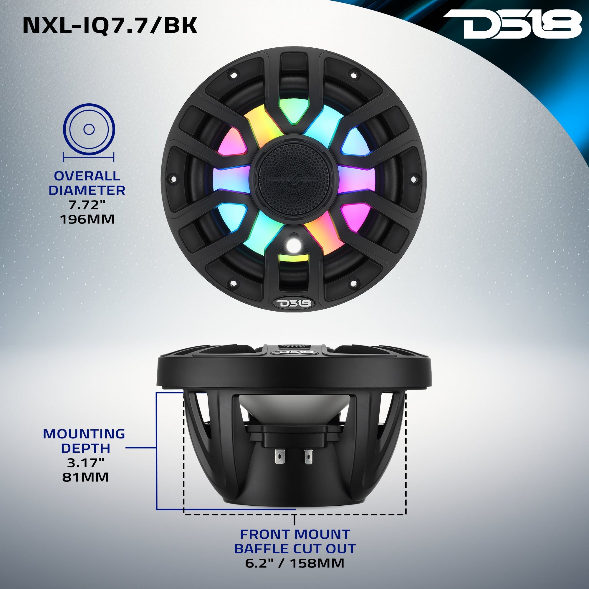 NXL 7.7” 2-Way Coaxial Marine Speaker with Bullet Tweeter, Digital LED Lights & White Deck LED | 175W RMS 4-Ohm