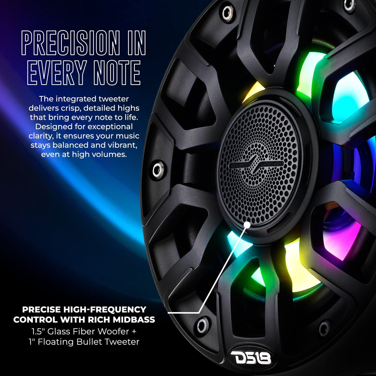 6.5" NXL-iQ Marine Short Tower Coaxial Speakers with Digital LED Lights, 150W RMS, 300W Max, 4-Ohm