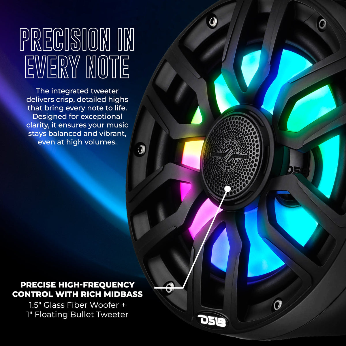 8" NXL-iQ Marine Short Tower Coaxial Speakers with Digital LED Lights, 175W RMS, 350W Max, 4-Ohm