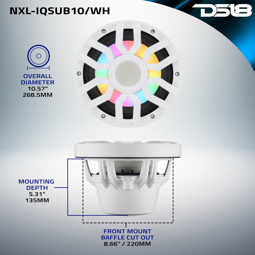 10” Marine Subwoofer with Hybrid Magnet Motor, Removable Grille and Digital LED Lights - 500W RMS 4-Ohm
