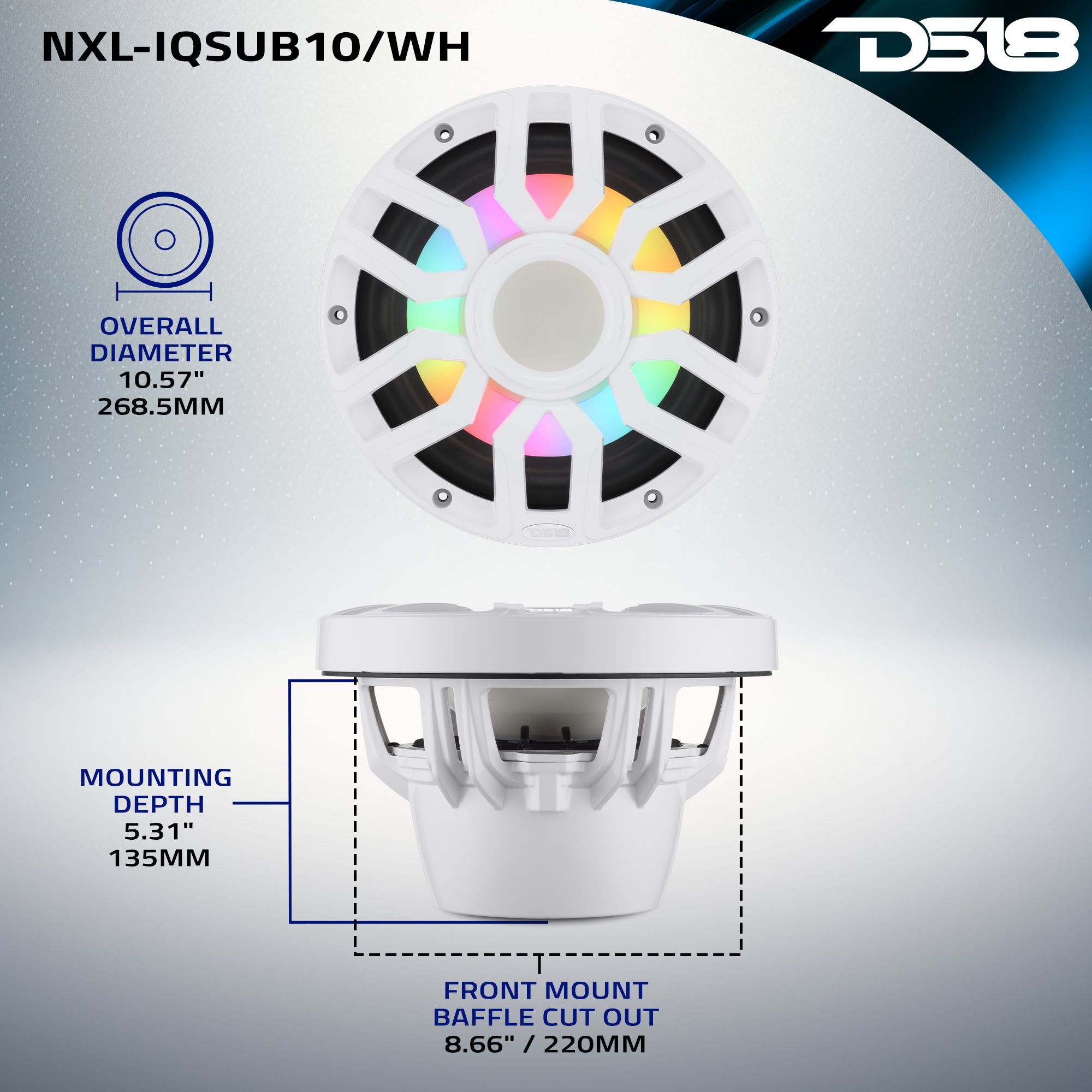 10” Marine Subwoofer with Hybrid Magnet Motor, Removable Grille and Digital LED Lights - 500W RMS 4-Ohm