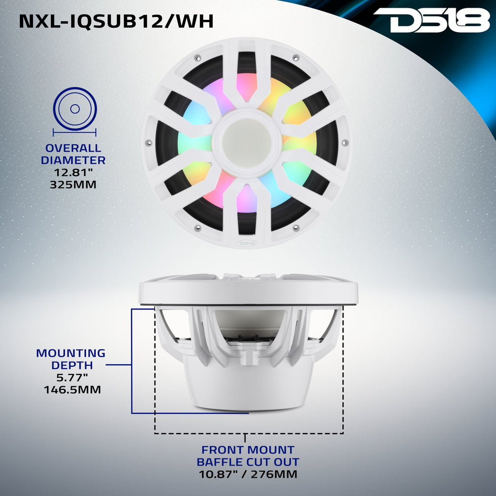 12” Marine Subwoofer with Hybrid Magnet Motor, Removable Grille and Digital LED Lights - 600W RMS 4-Ohm