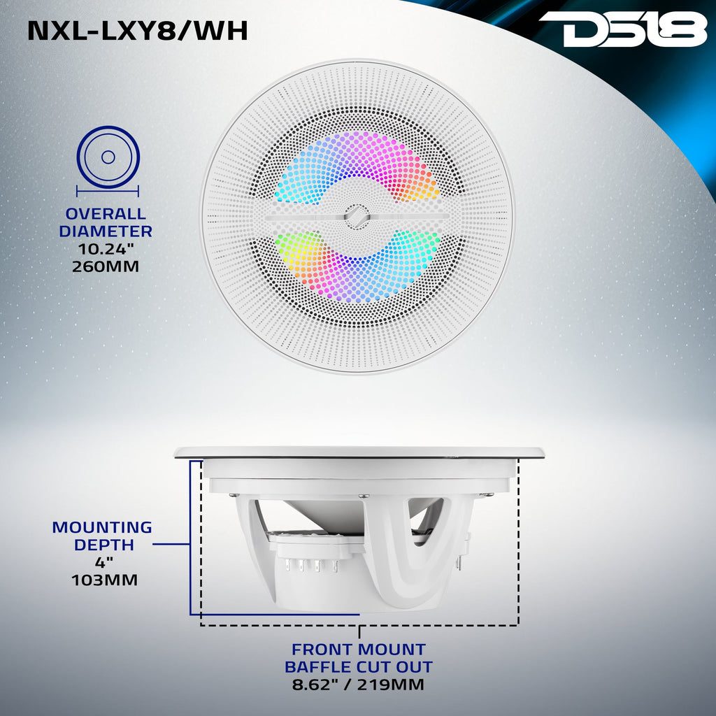 Luxury 8” 2-Way Marine Coaxial Speaker with Digital LED Lights and Flush Magnetic Mount Grille | 175W RMS 4-Ohm