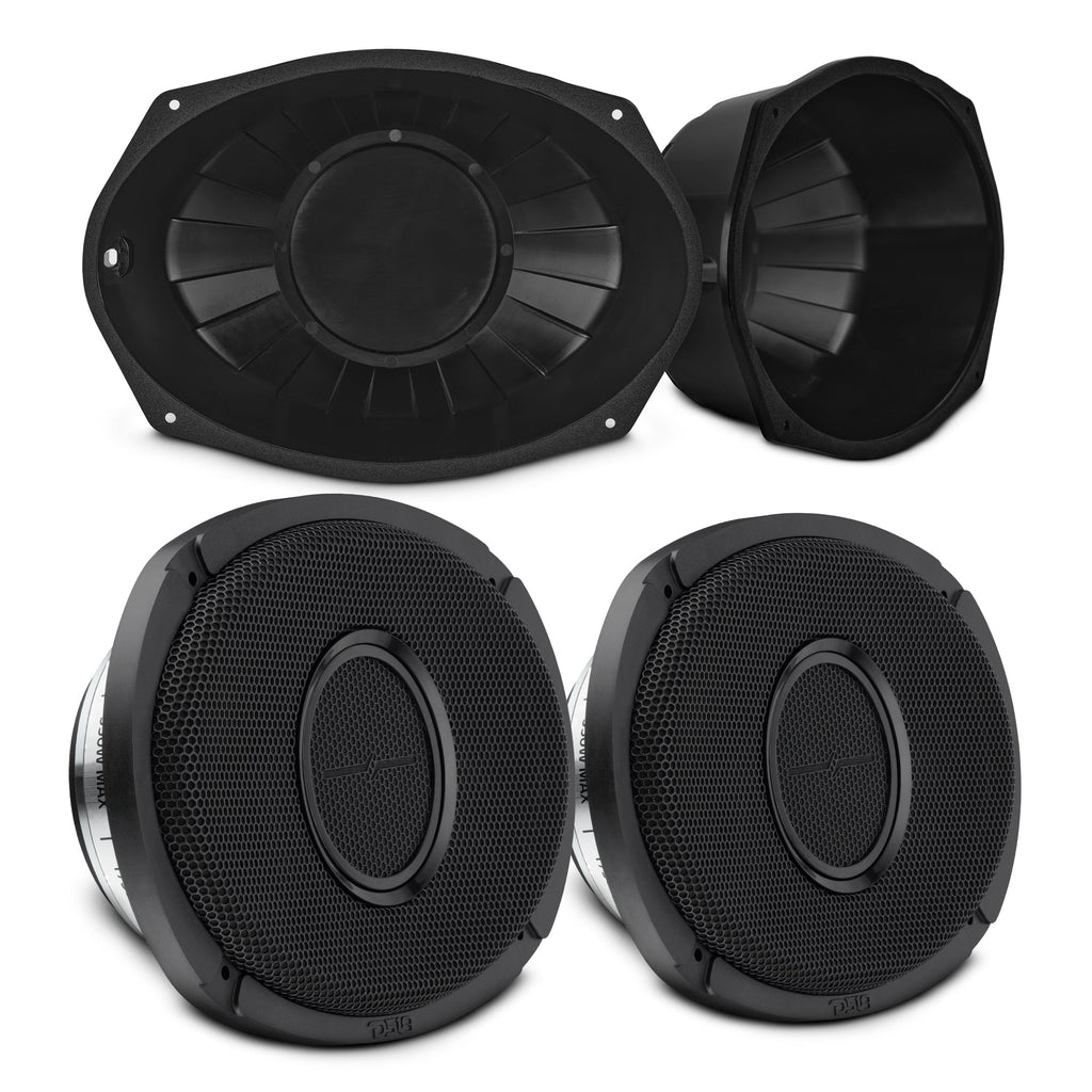 6x9” Hybrid Motorcycle Speaker Bundle – Slim 2-Way Loudspeakers + Sealed ABS Baffles (Pair) | IP65 Water-Resistant, High Output