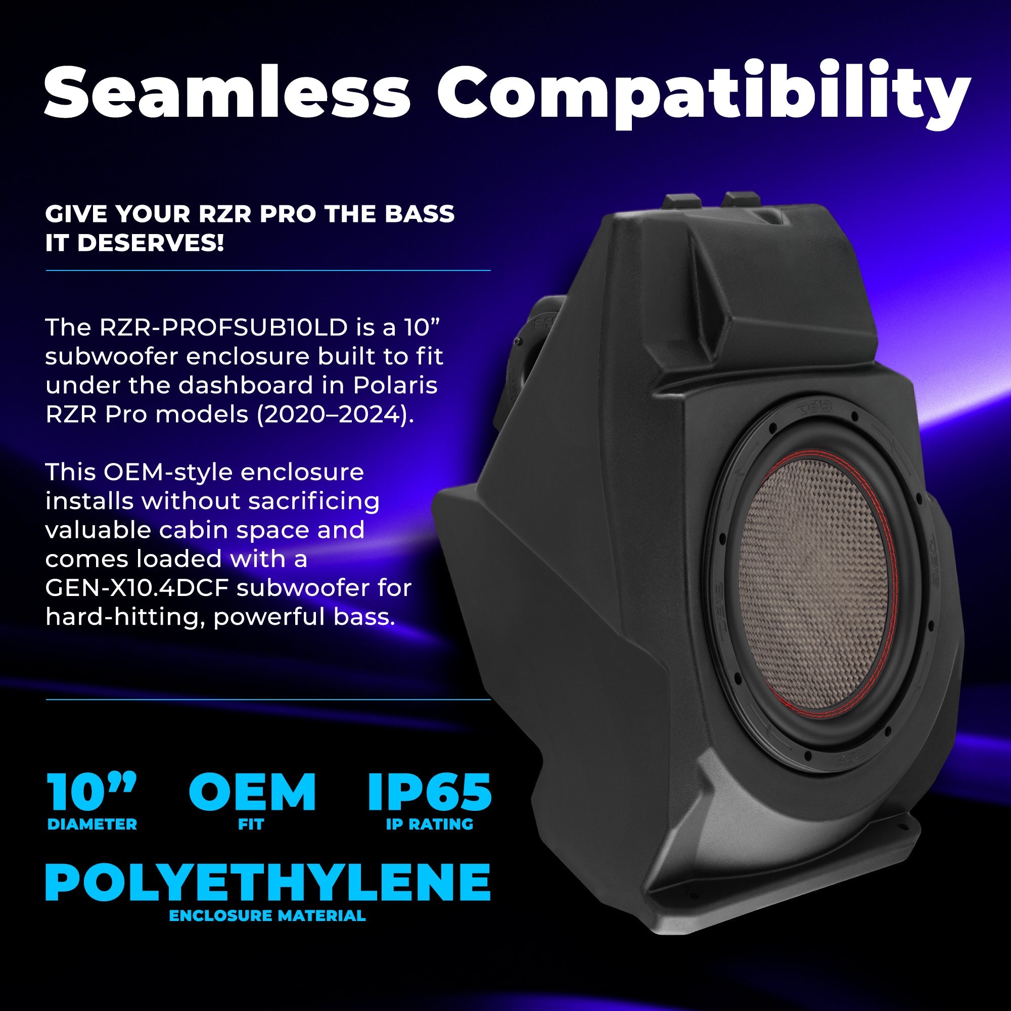 Polaris RZR Pro (2020–2024) Under-Dash 10” Subwoofer Enclosure – Loaded GEN-X10.4DCF | 600W RMS, Dual 4 Ohm | IP65 Water-Resistant