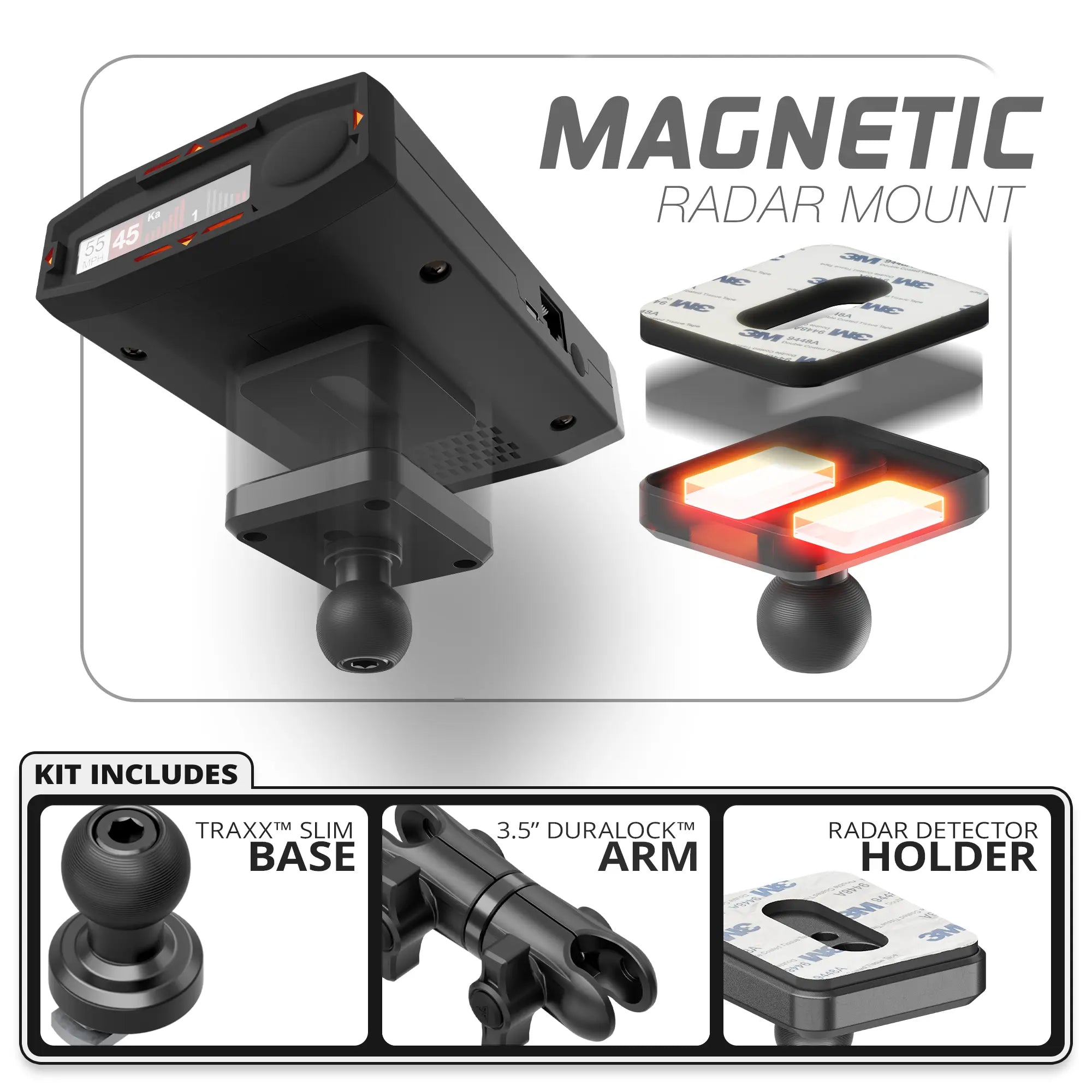 Magnetic Radar Detector Holder | Slim Track Base | 3.5" DuraLock™ Arm