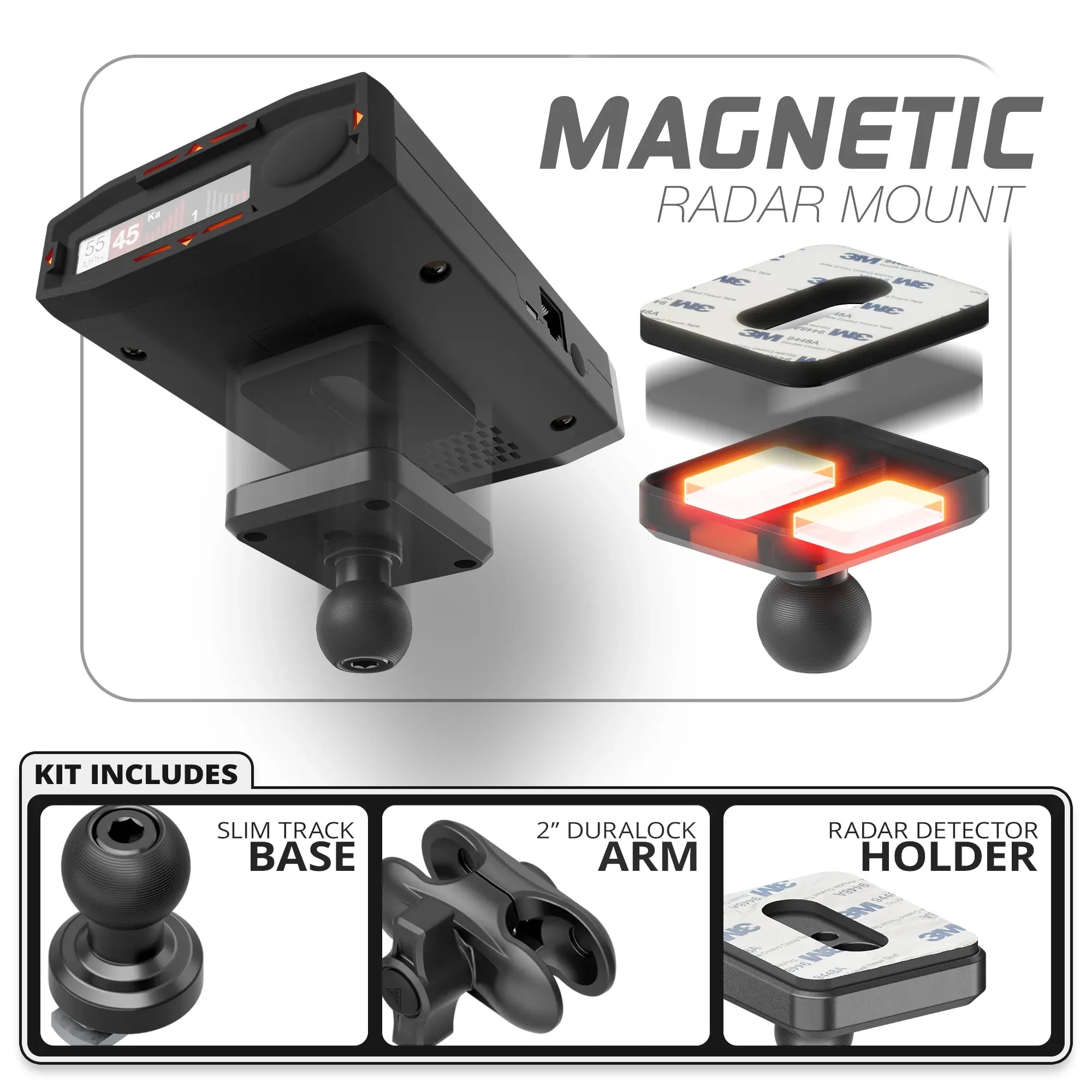 Magnetic Radar Detector Mount | Slim Track Base | 2" DuraLock Arm