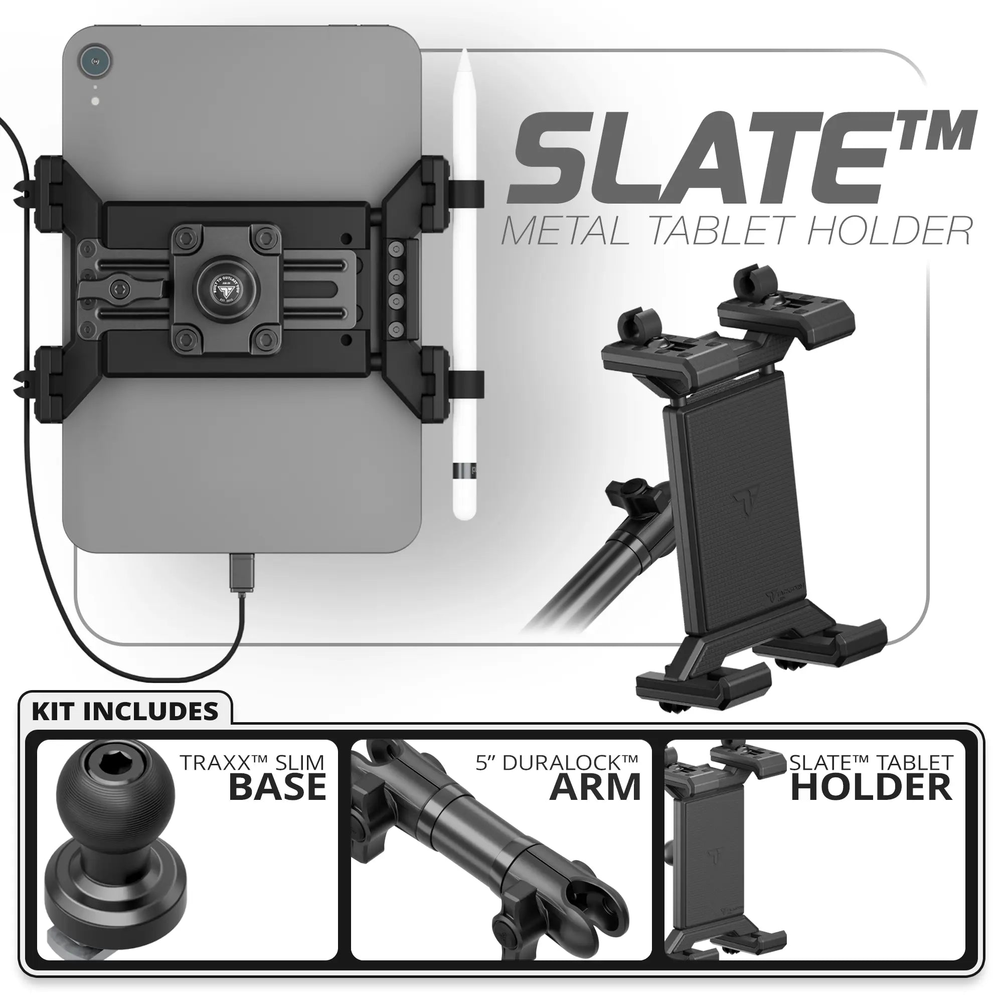 Metal Tablet Holder | Slim Track Base | 5" DuraLock Arm
