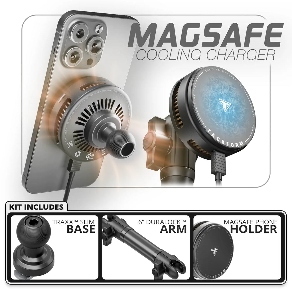 Qi2.2/MagSafe Charging & Cooling Phone Holder  | Slim Track Base | 6" DuraLock Arm