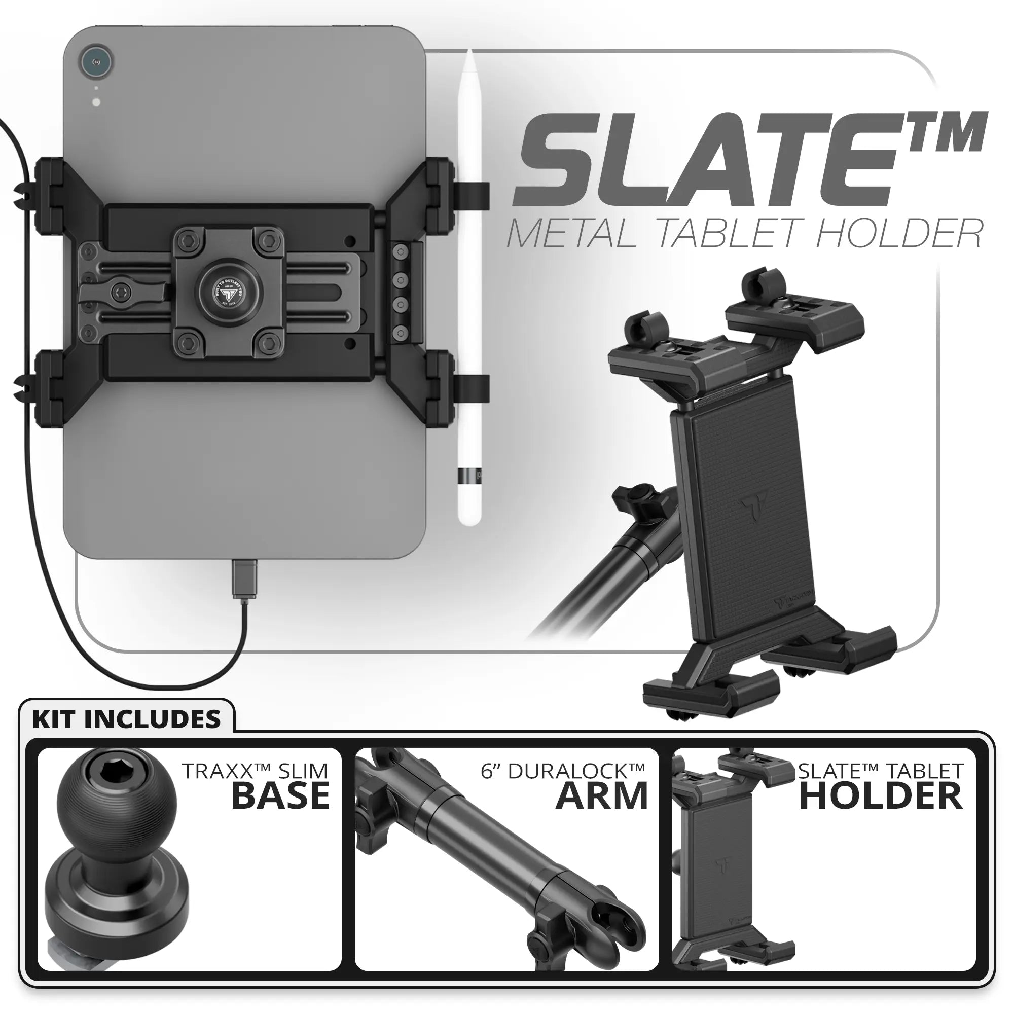 Metal Tablet Holder | Slim Track Base | 6" DuraLock Arm