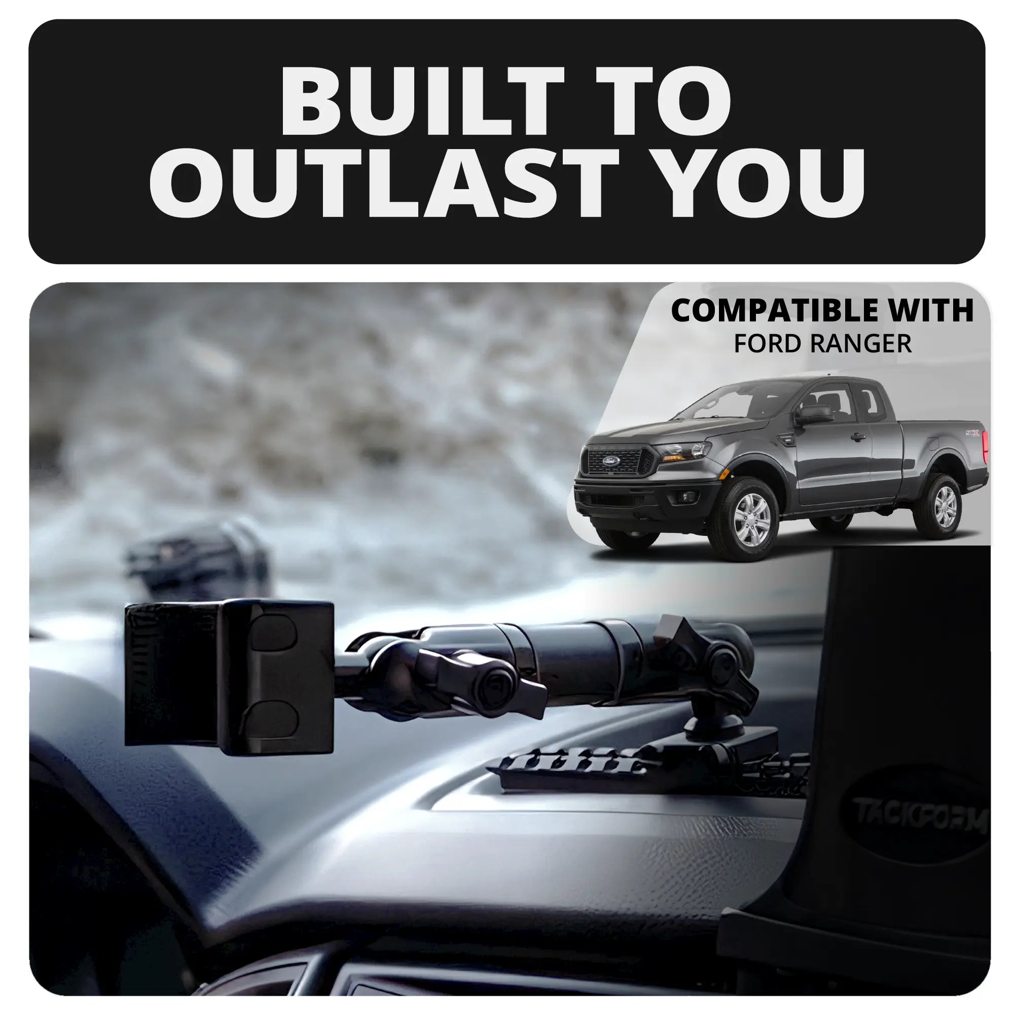 2019-2023 Ford Ranger (WITHOUT Switch Panel) Tackform Assault Track Picatinny Dash Bracket With 20LITE Phone Holder & CB Microphone Holder