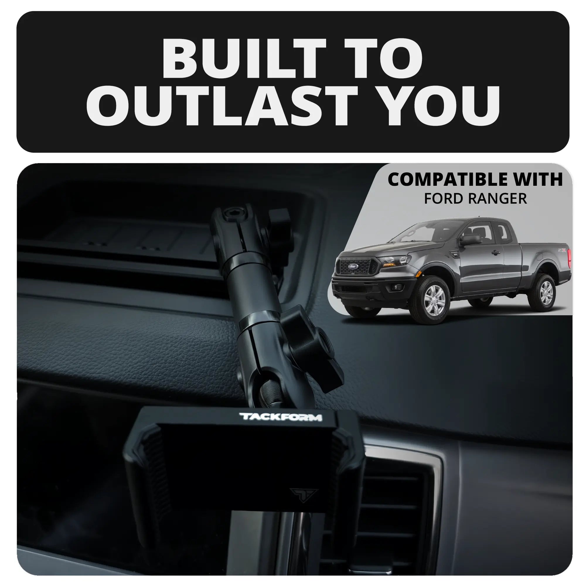 2019-2023 Ford Ranger (WITHOUT Switch Panel) Tackform Slim Track Dash Bracket With 20LITE Phone Holder & Midland MXT275/575 Magnetic CB Radio Holder